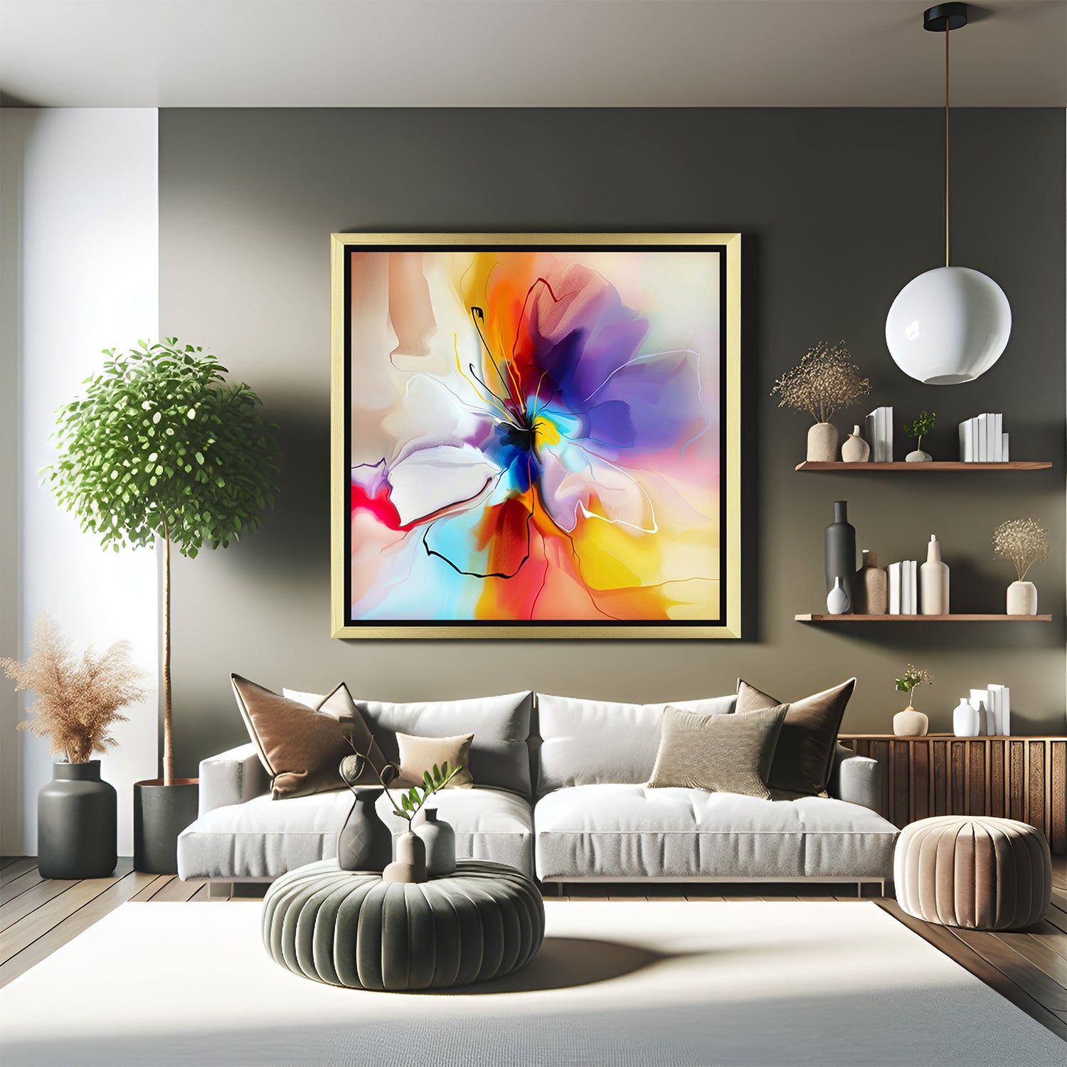 Colorful abstract flower and butterfly canvas wall art with golden floater frame