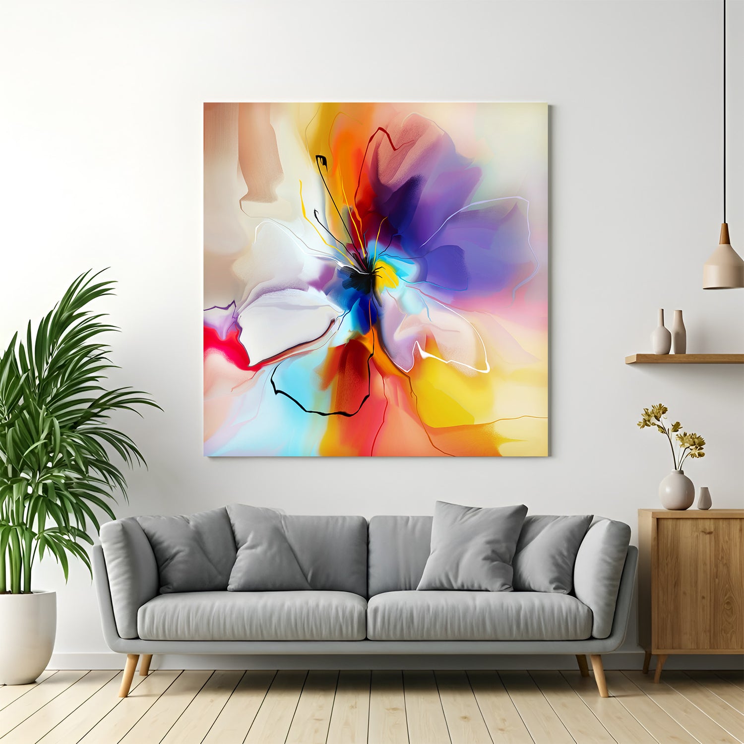 Colorful flower and butterfly abstract wall art with vibrant strokes on canvas