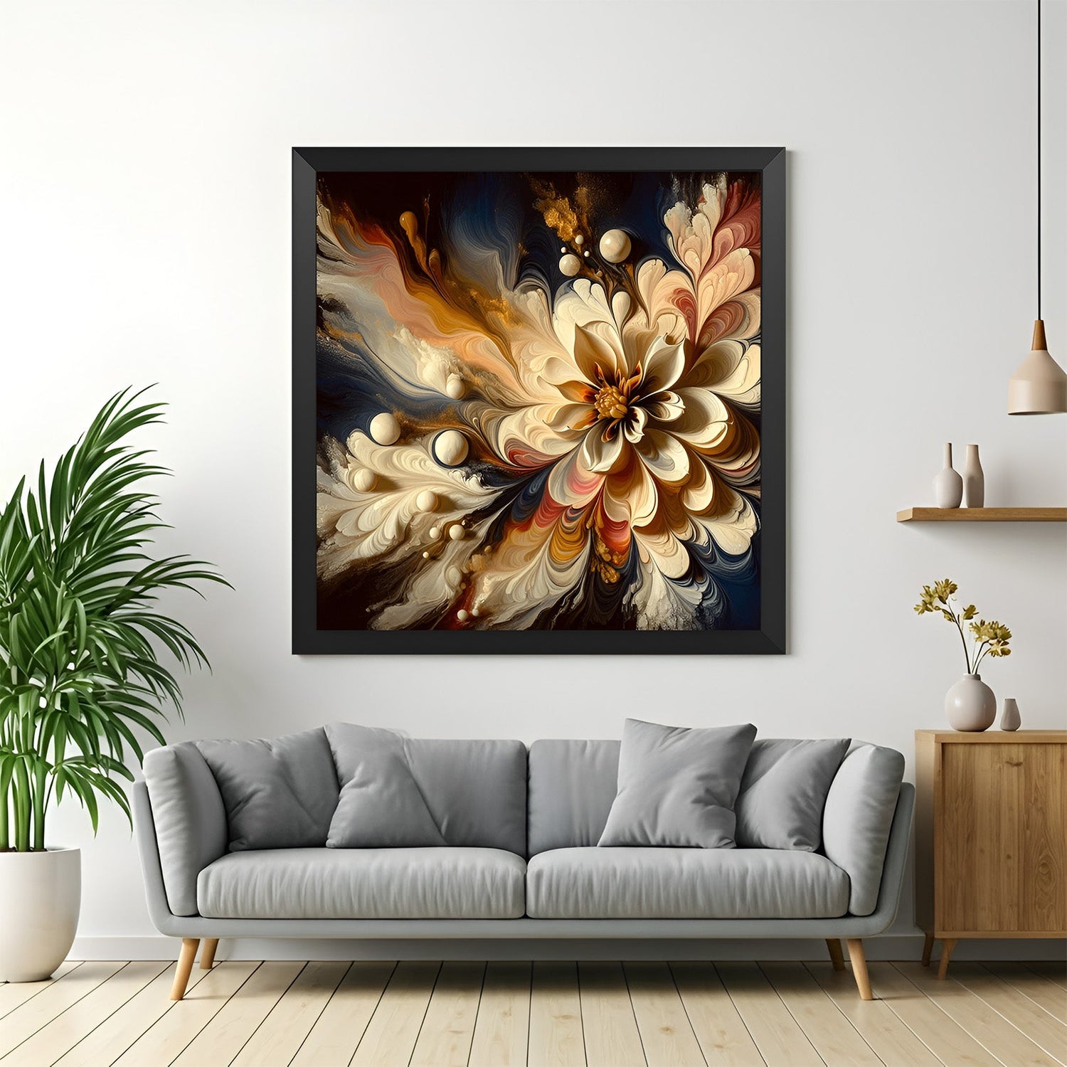 Framed canvas of an abstract flower explosion with black floater frame for dramatic effect