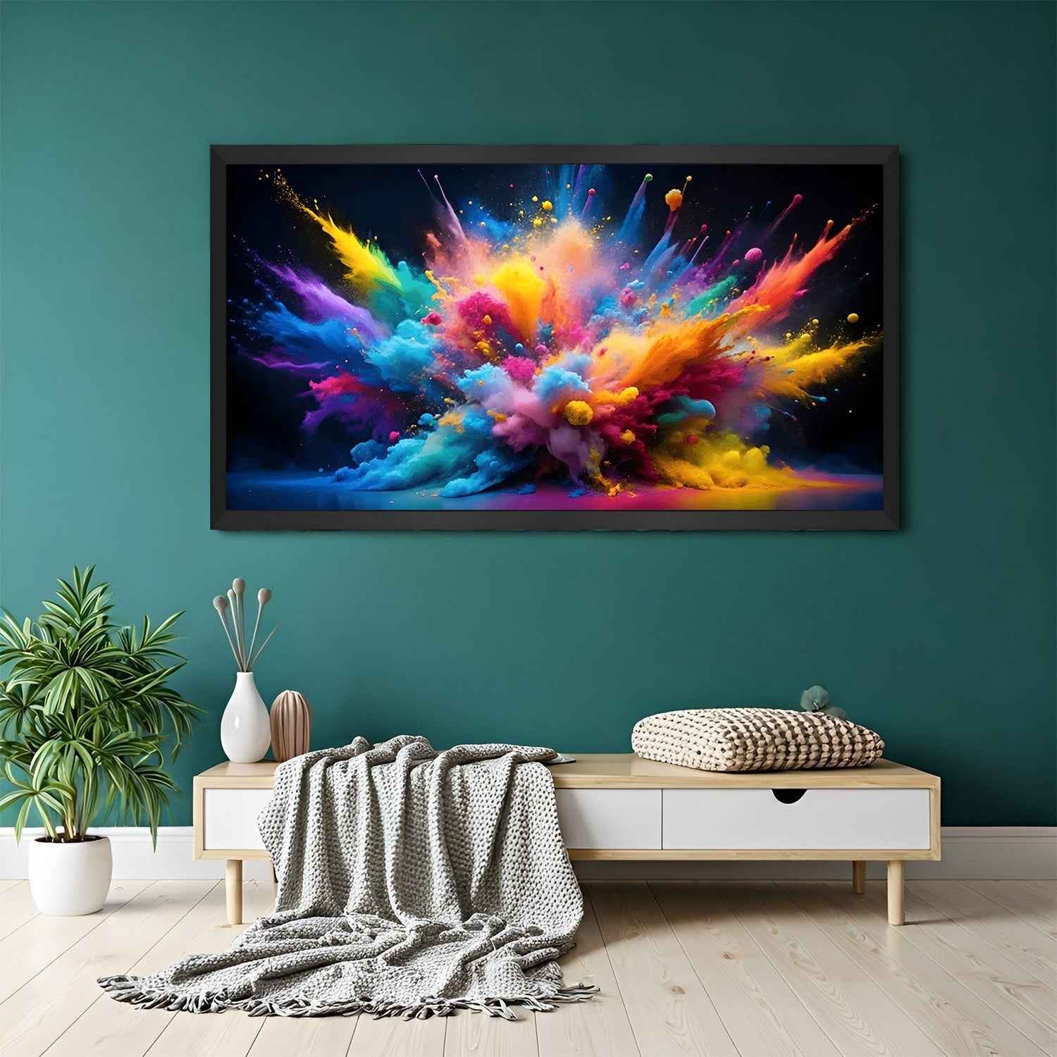 Holi color burst canvas art framed in black floater frame, showcasing dynamic festive splashes for cultural and modern room decoration.