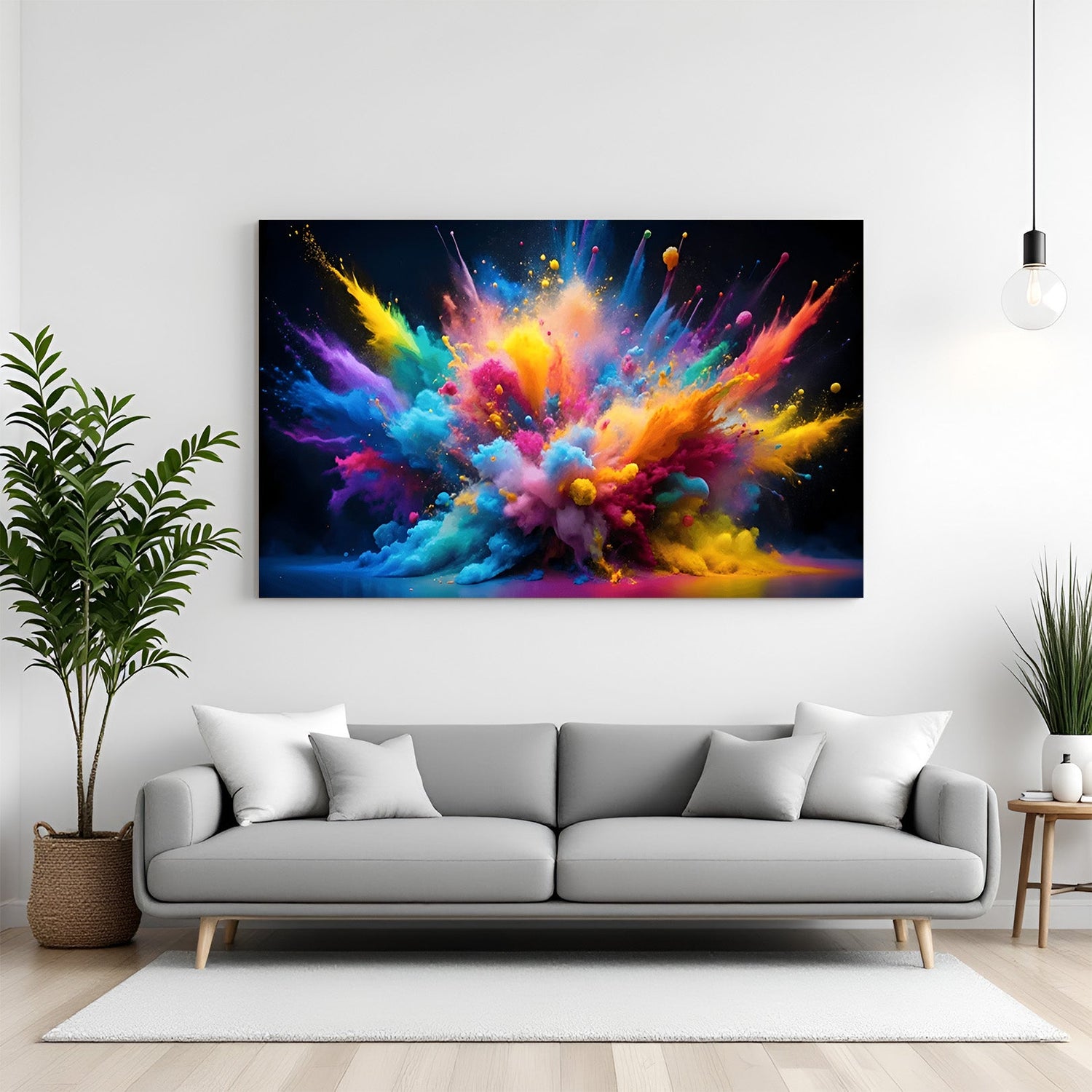 Colorful abstract Holi-themed wall art featuring a vibrant explosion of colors on canvas, perfect for modern Indian home decor and festive interiors.