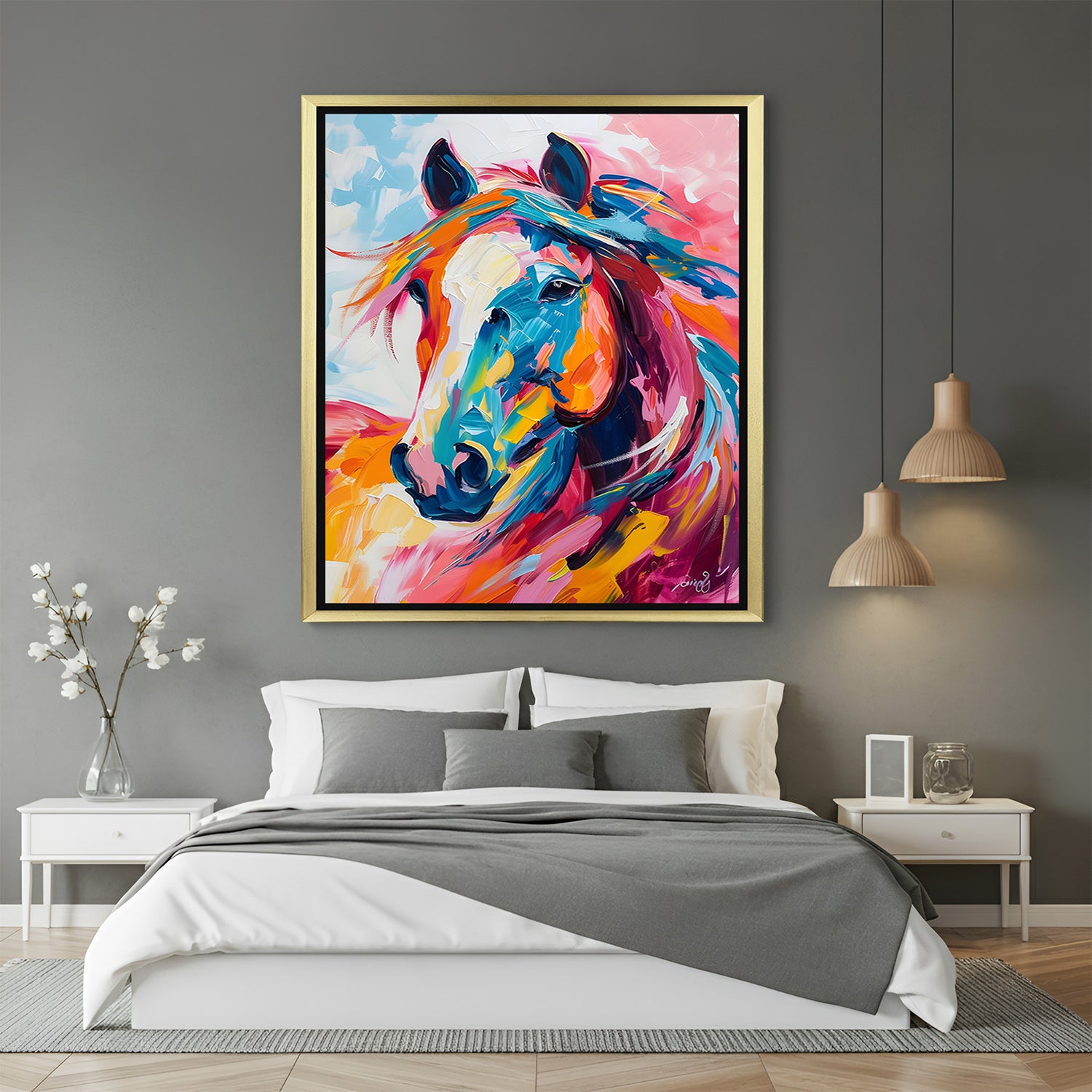 Golden frame canvas of abstract colorful horse – large vibrant wall art with expressive brushwork for modern interiors