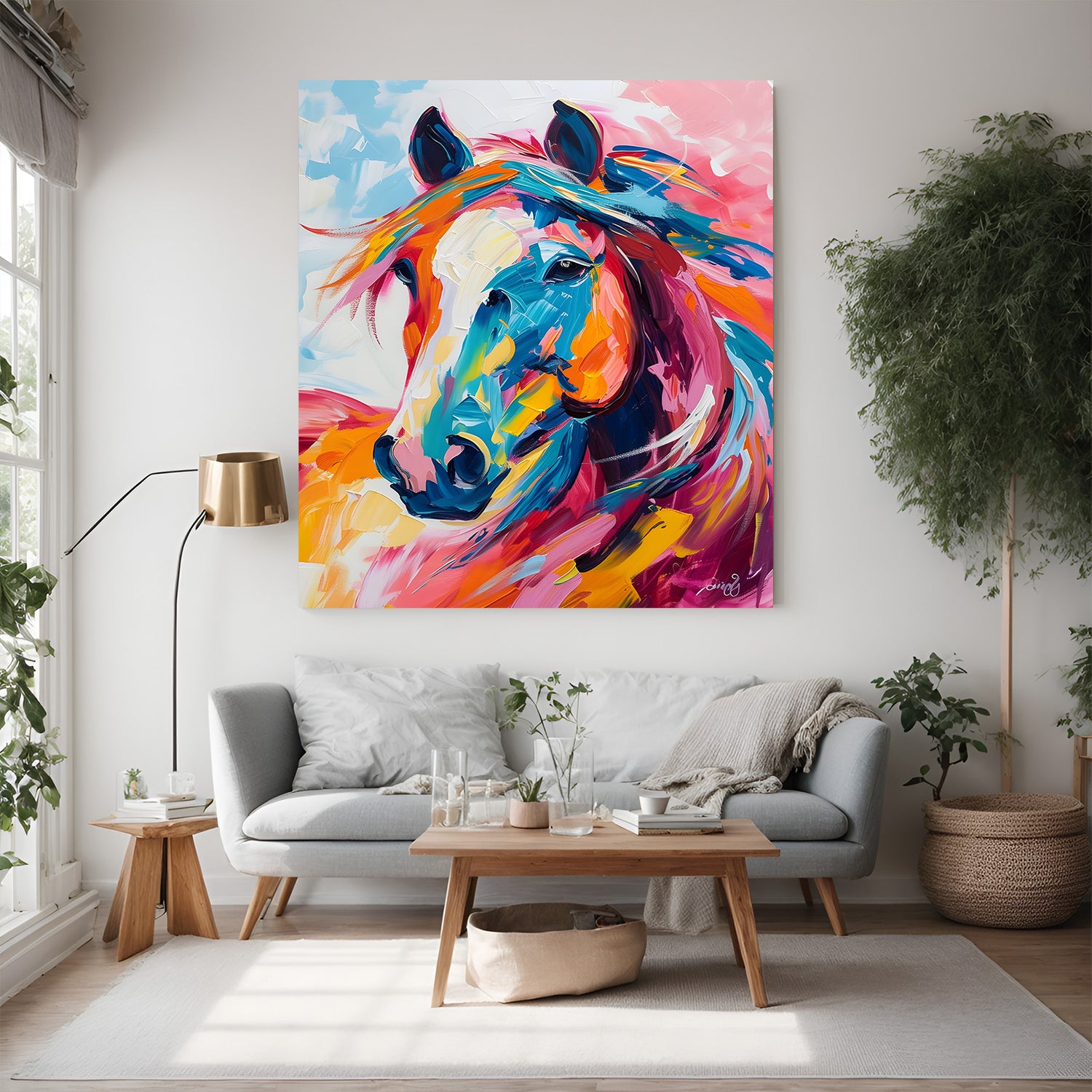 Colorful abstract horse canvas wall art – vibrant brushstrokes with expressive design on large modern canvas for home or office