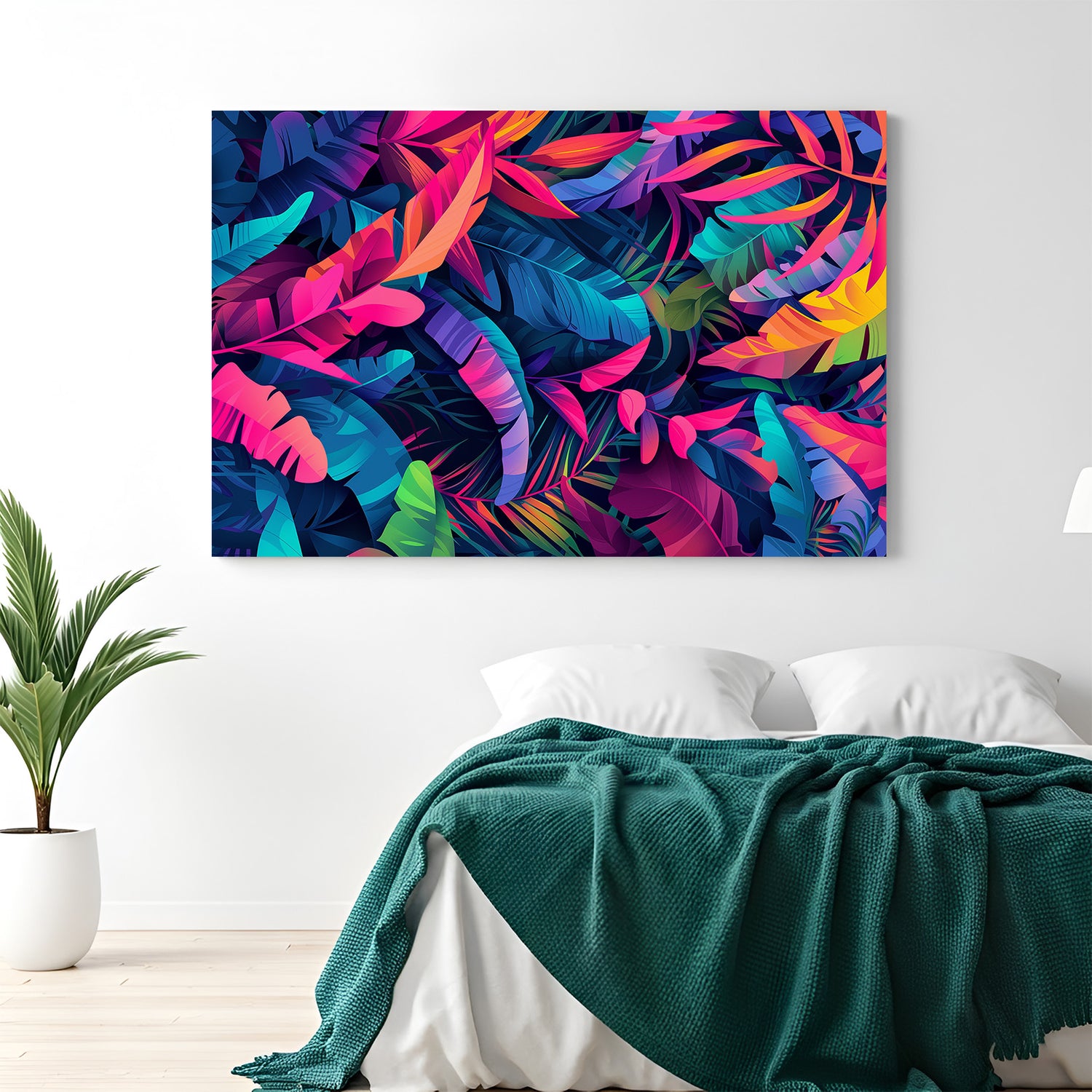 Colorful jungle leaves in vibrant modern art style, showcasing tropical foliage in vivid tones for an elegant and nature-inspired home decor piece