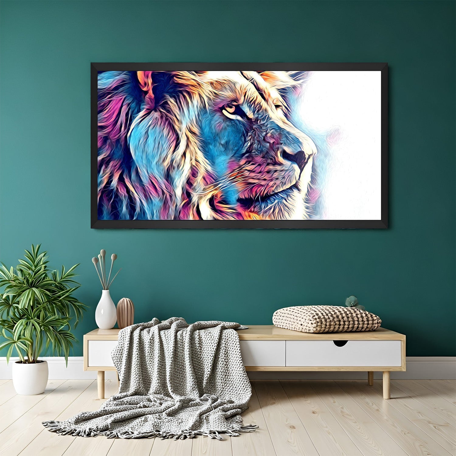Bold colorful lion canvas painting in black floater frame, perfect for adding strength, vibrancy, and modern animal style to home or office interiors