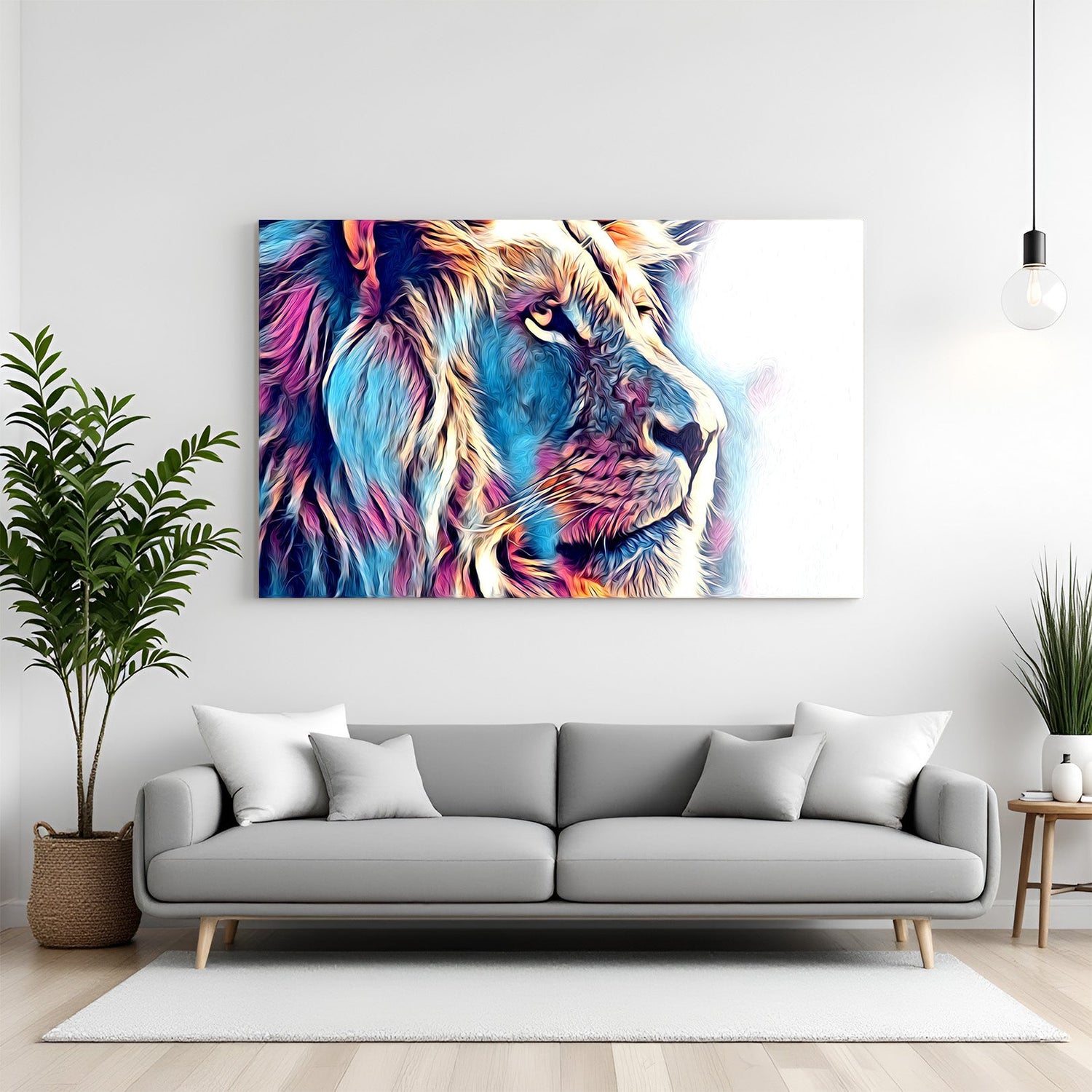 Canvas wall art of a lion painted in bright, bold colors on a white background—ideal for modern interiors seeking powerful and artistic animal decor