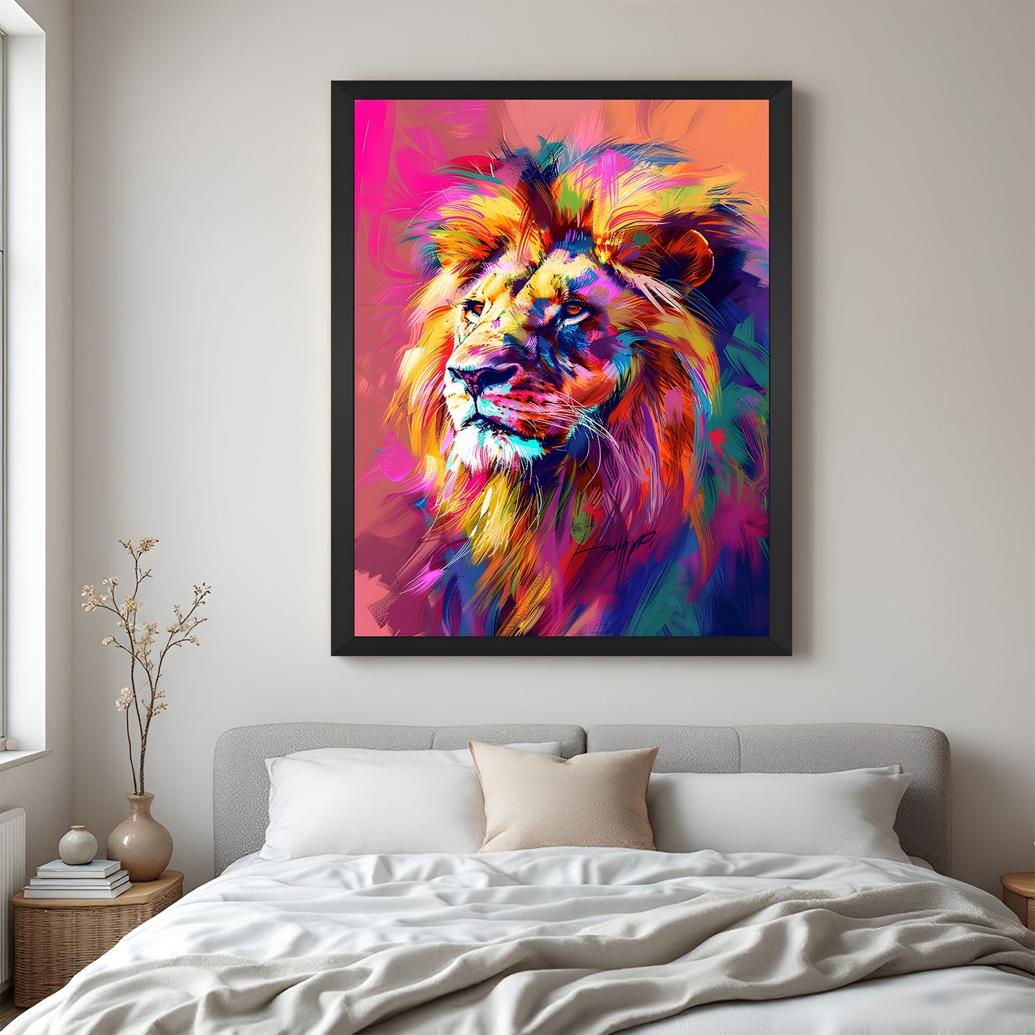 Multicolor lion canvas painting in black floater frame, ideal for bold home decor, studios, or creative office spaces
