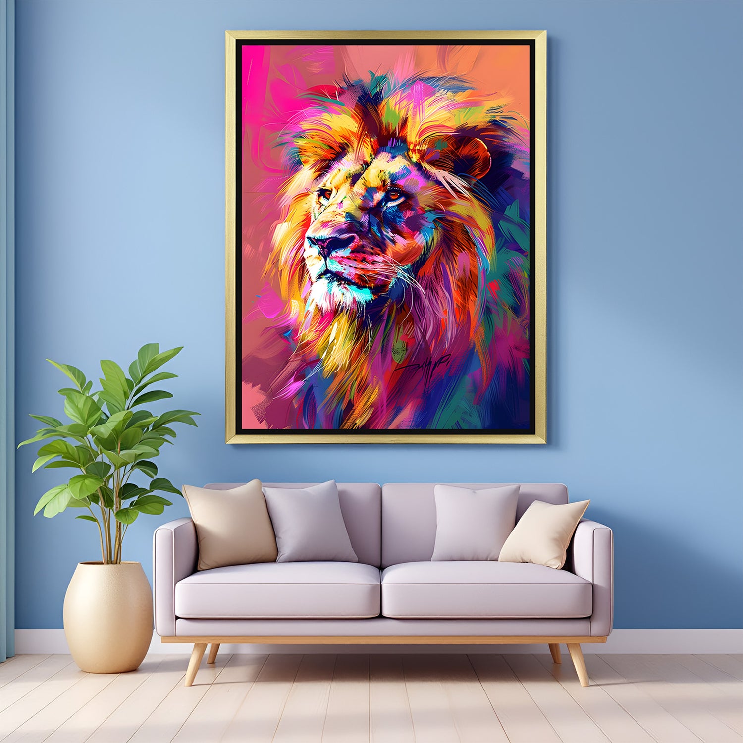 Vibrant lion wall art in golden frame, featuring bright artistic strokes for stylish and powerful modern home or office settings