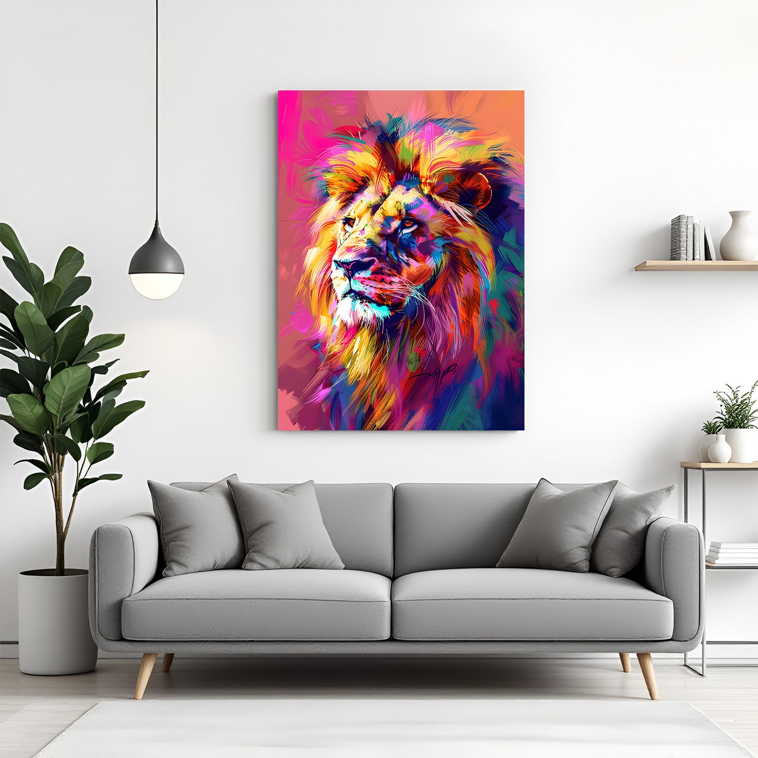 Bold and colorful lion canvas wall art with multicolor brush strokes, perfect for modern interiors that reflect strength and creativity