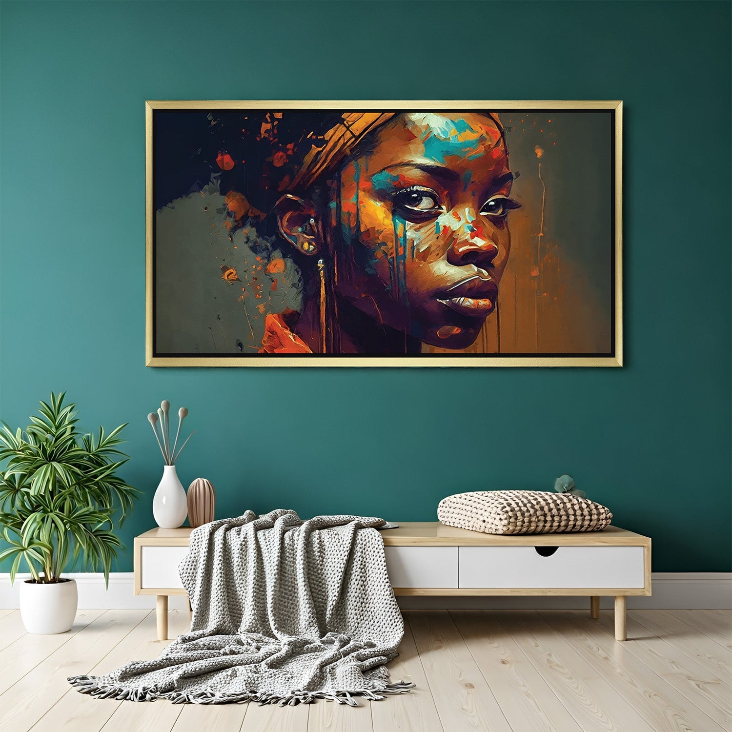 Golden-framed canvas artwork of an African girl’s face with expressive paint splash effects, designed for stylish and cultural wall spaces