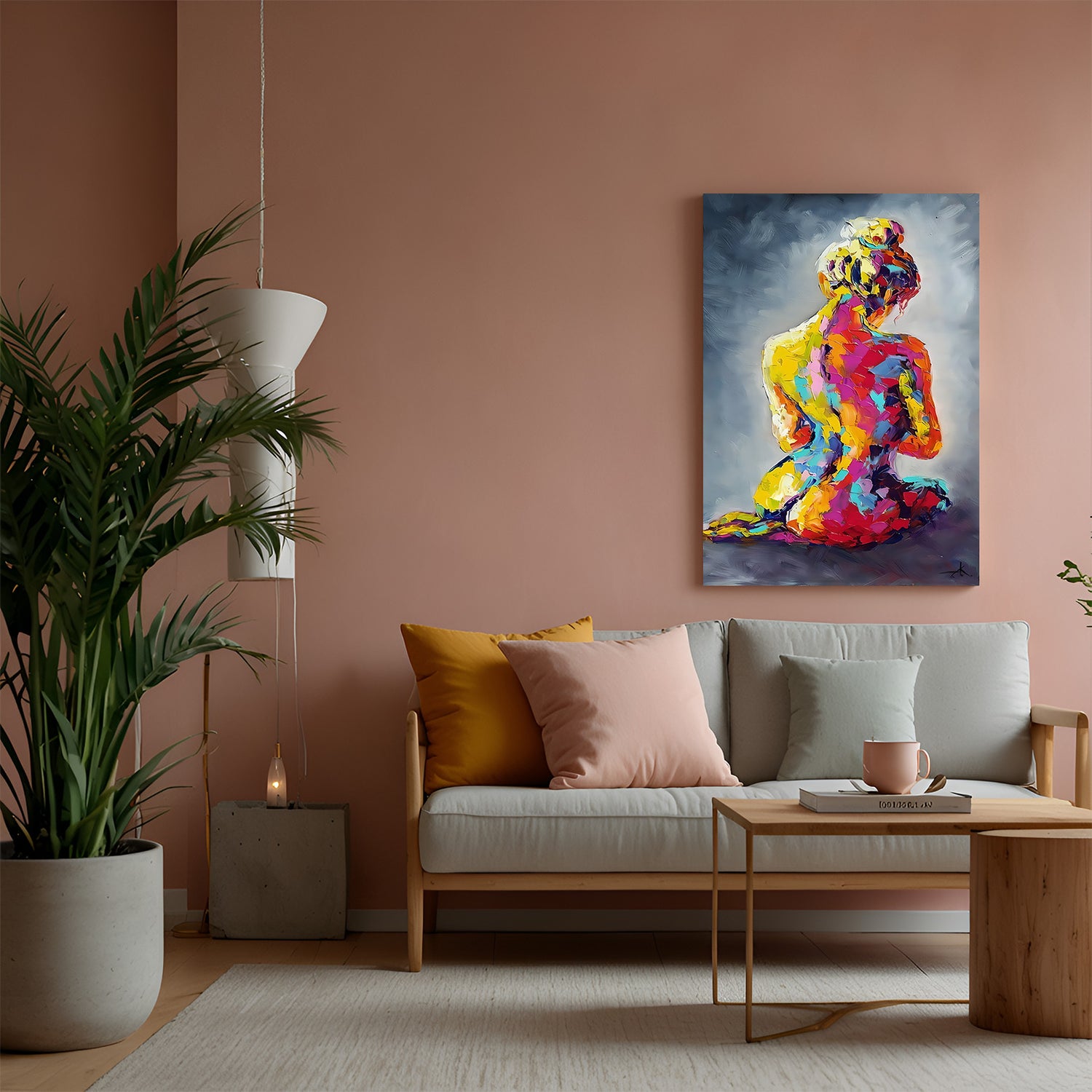 Modern art canvas of a woman seated with her back visible, painted in expressive vibrant colors—elegant and artistic wall decor for stylish interiors