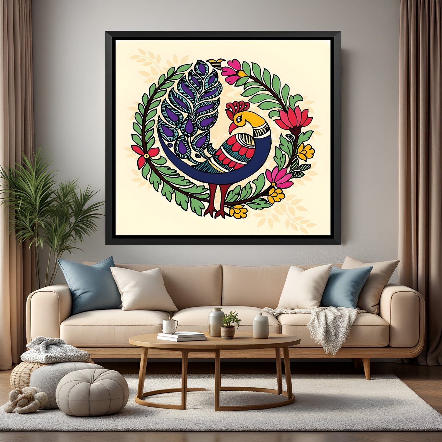 Colorful peacock Kalamkari wall painting in elegant black floater frame for luxury interiors
