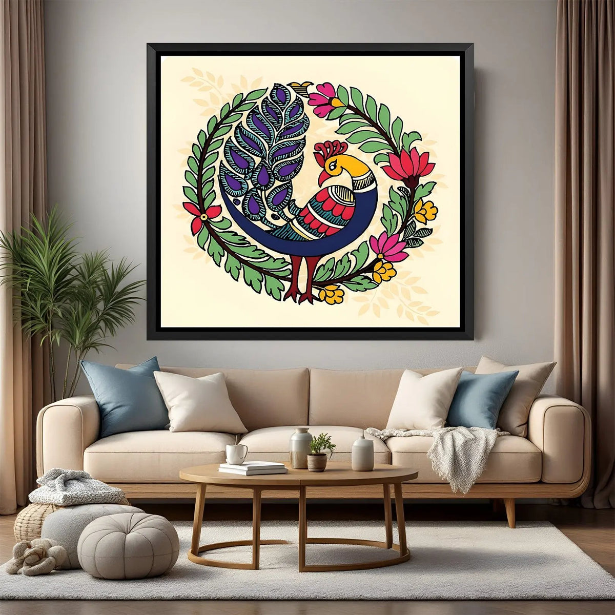 Colorful peacock Kalamkari wall painting in elegant black floater frame for luxury interiors