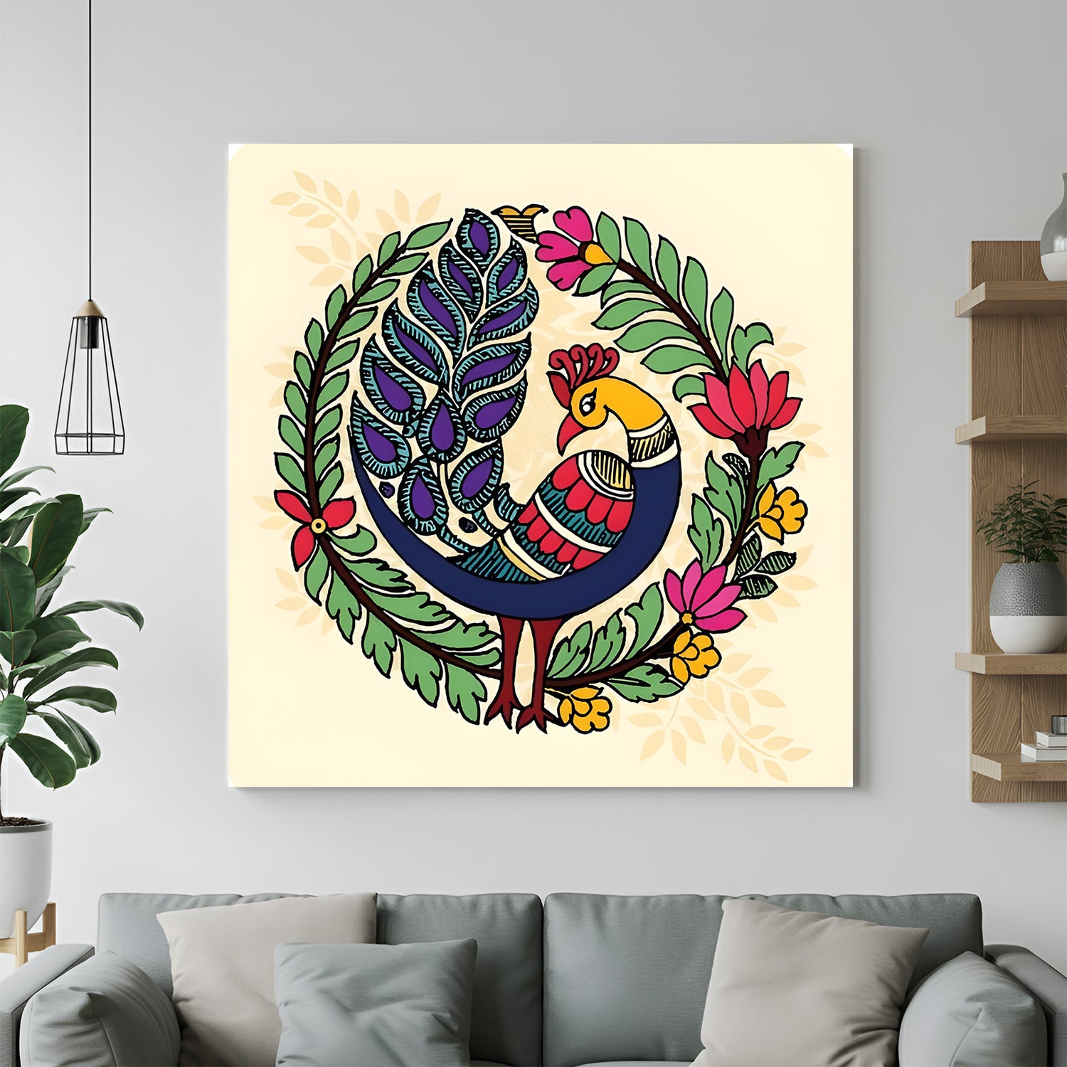 Colorful peacock Kalamkari canvas wall art in premium canvas wrapped frame with vibrant traditional detailing