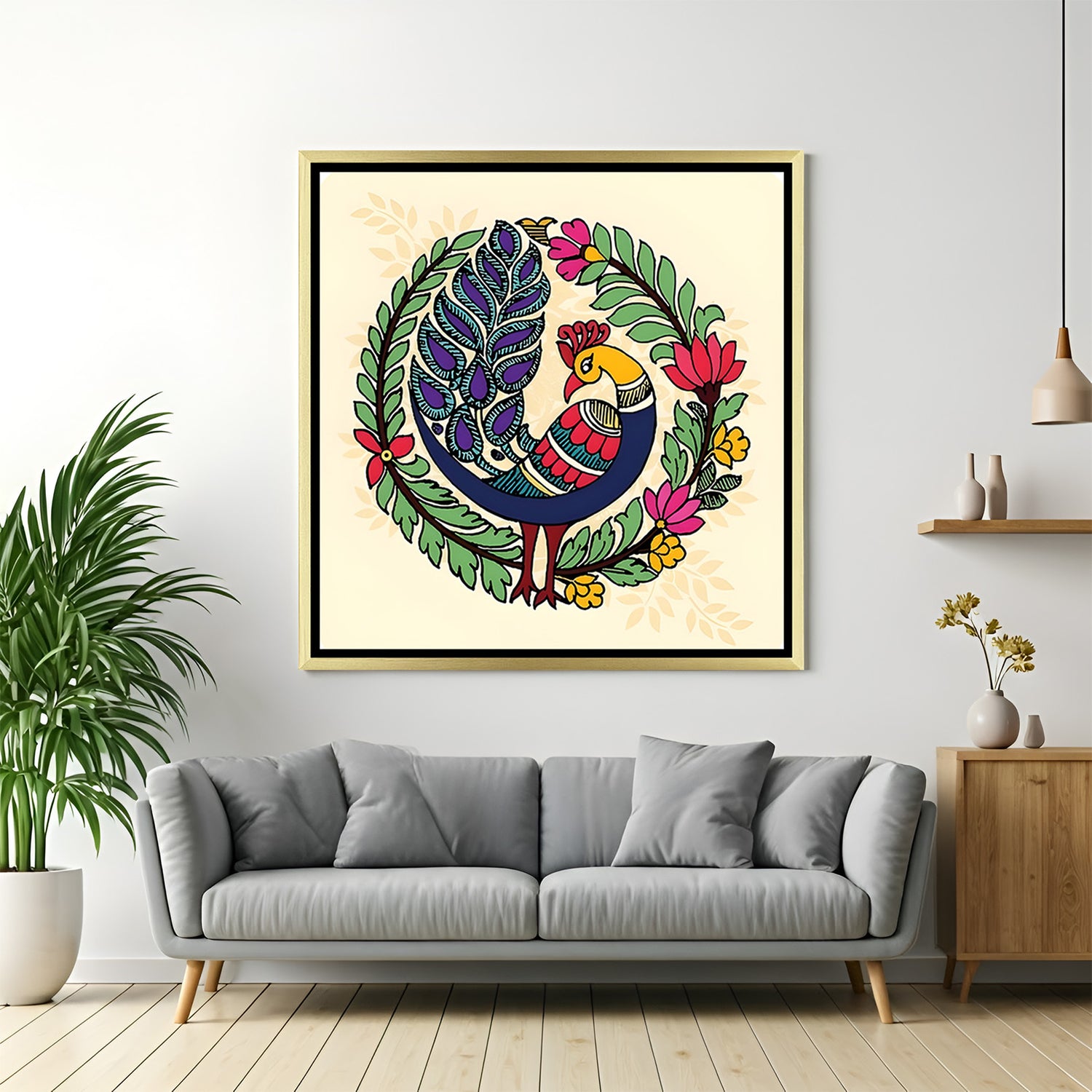 Luxury colorful peacock Kalamkari artwork in golden floater frame with intricate ethnic design