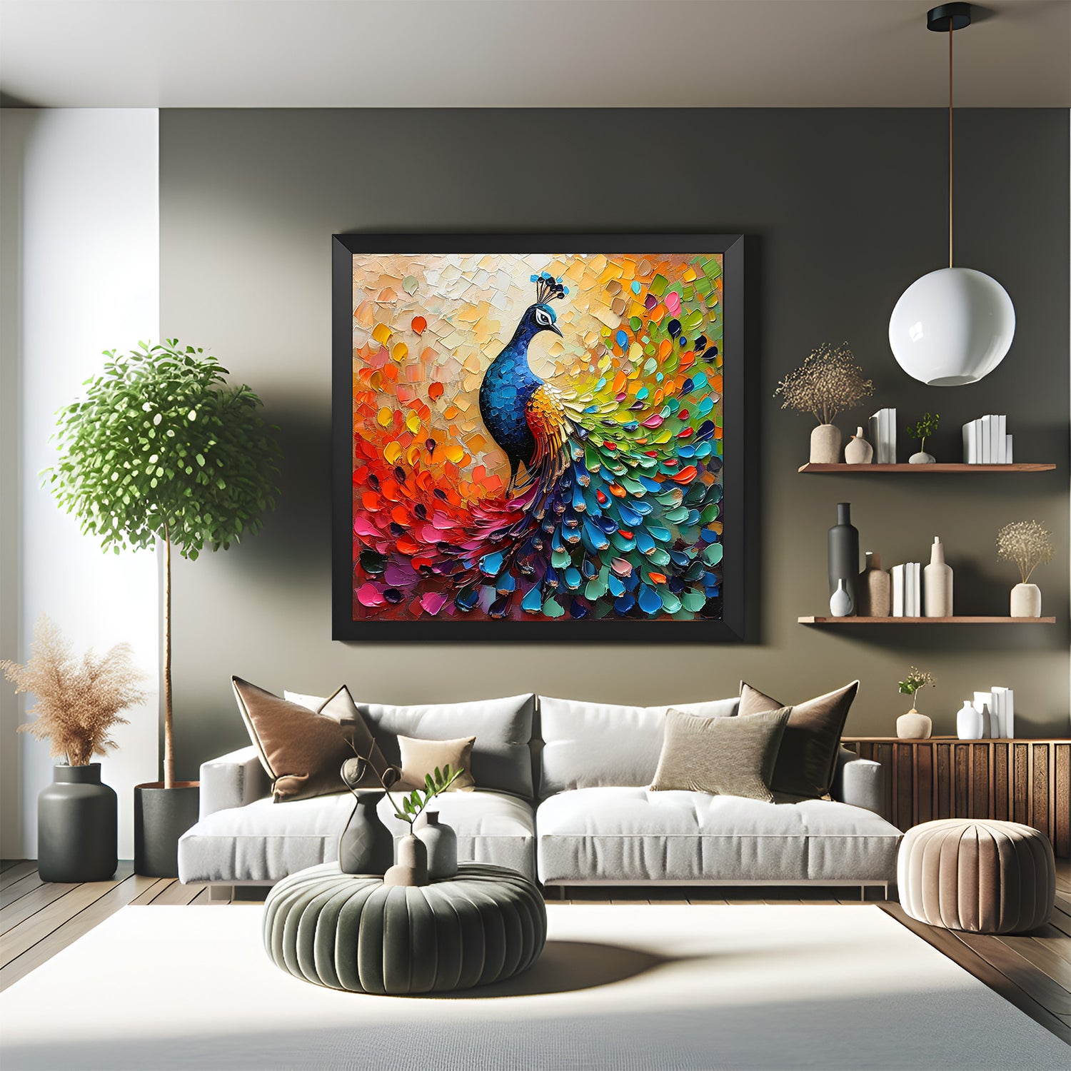 Colorful peacock painting in black floater frame with vastu-friendly design and bright detailing for luxury Indian home and spiritual interiors