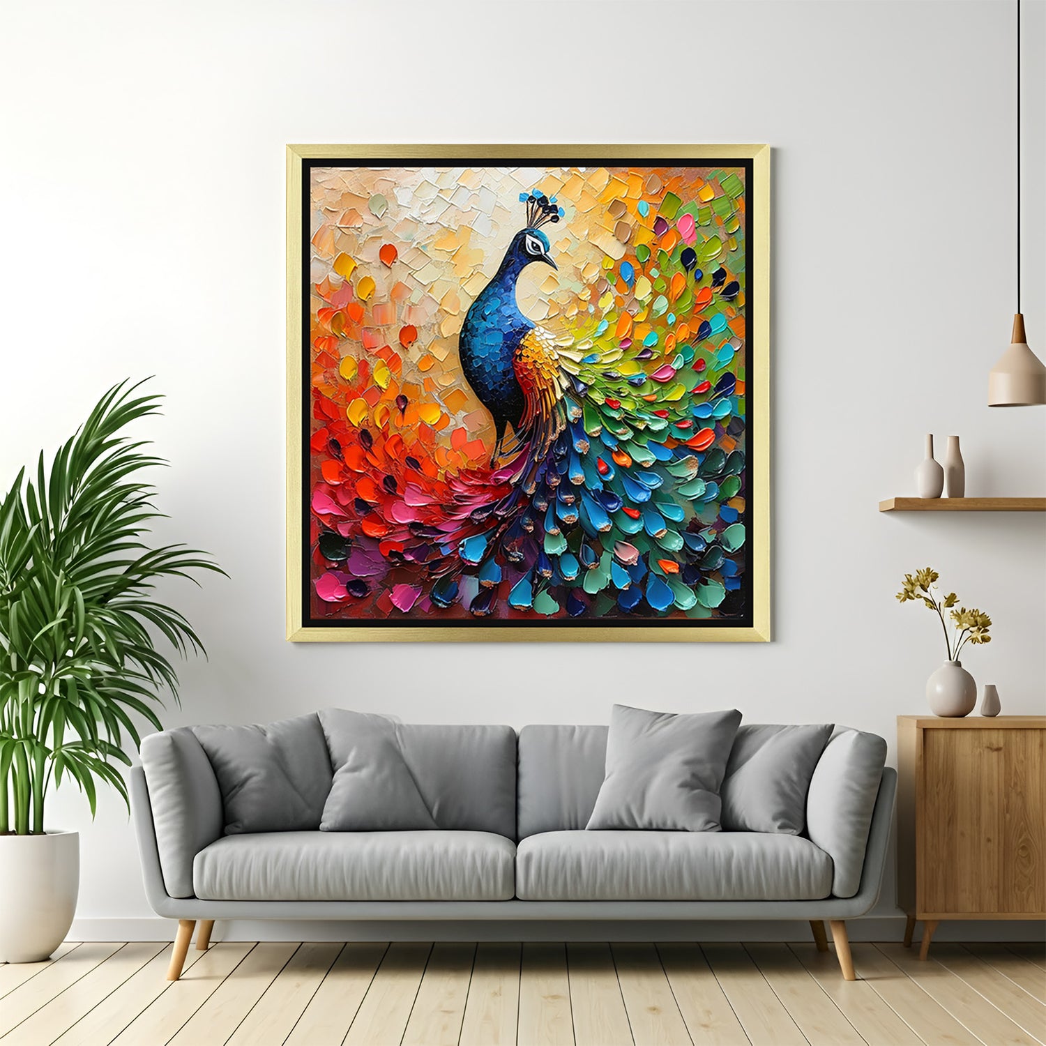 Colorful peacock vastu canvas painting in golden floater frame for ethnic decor with spiritual beauty, prosperity energy, and vastu significance