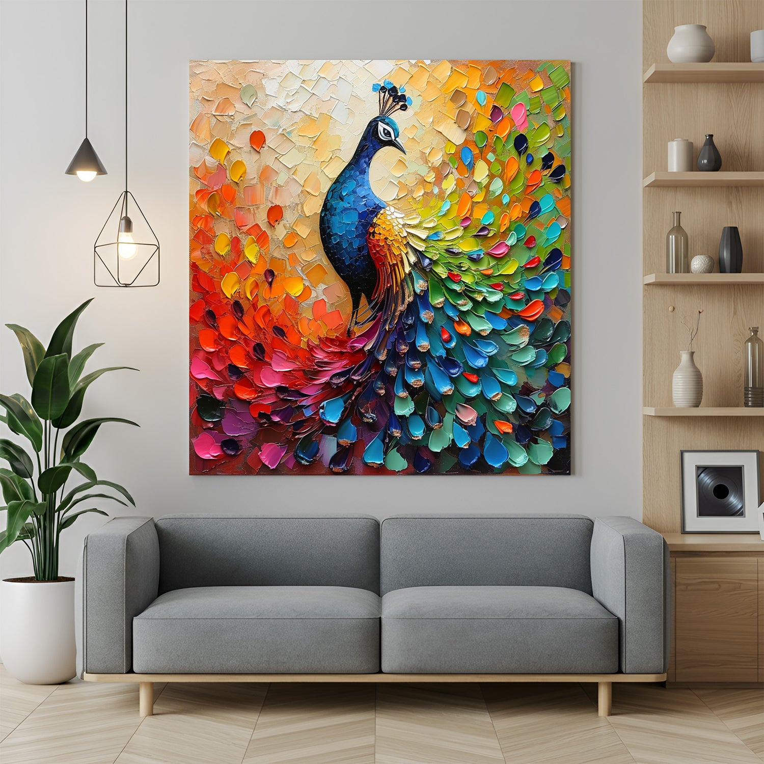 Colorful peacock vastu wall art canvas painting for home decor with vibrant feathers and prosperity symbolism for vastu harmony and positive vibes