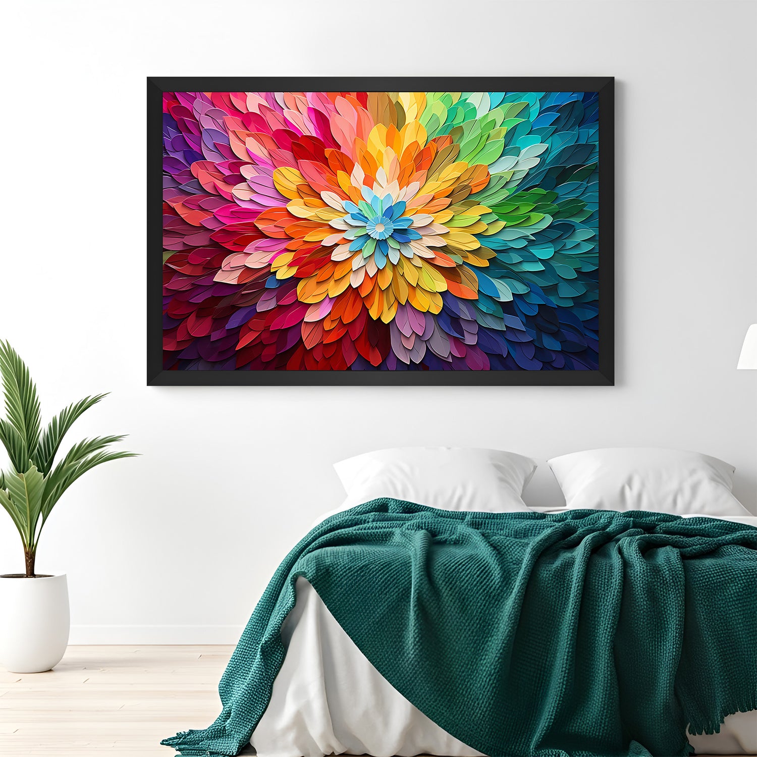 Modern floral canvas wall art with colorful petals in black frame, ideal for contemporary home or office decor
