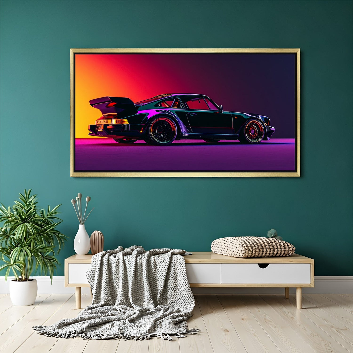 Golden frame vibrant car canvas print featuring artistic splash design for contemporary and stylish interior decor