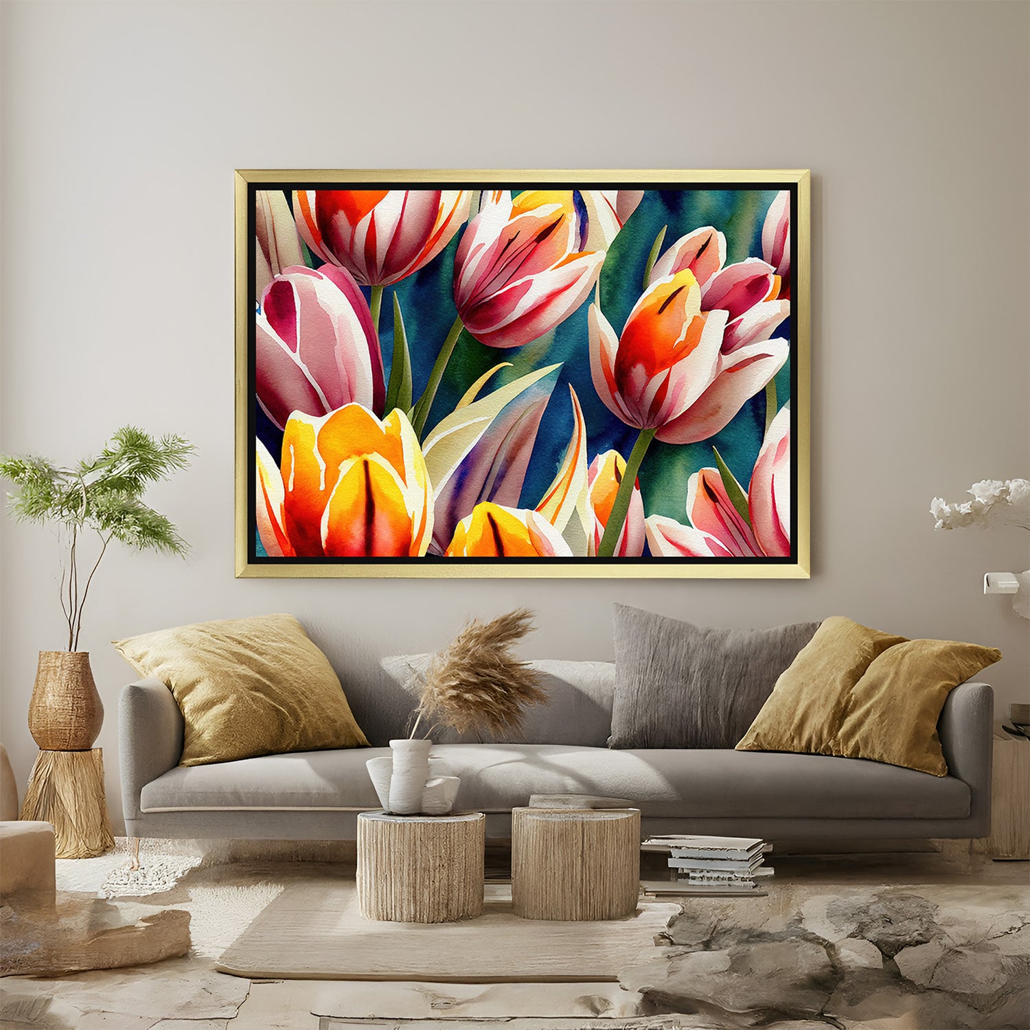 Golden-framed painted-style tulip wall art with colorful florals, designed for elegant and cheerful modern home interiors