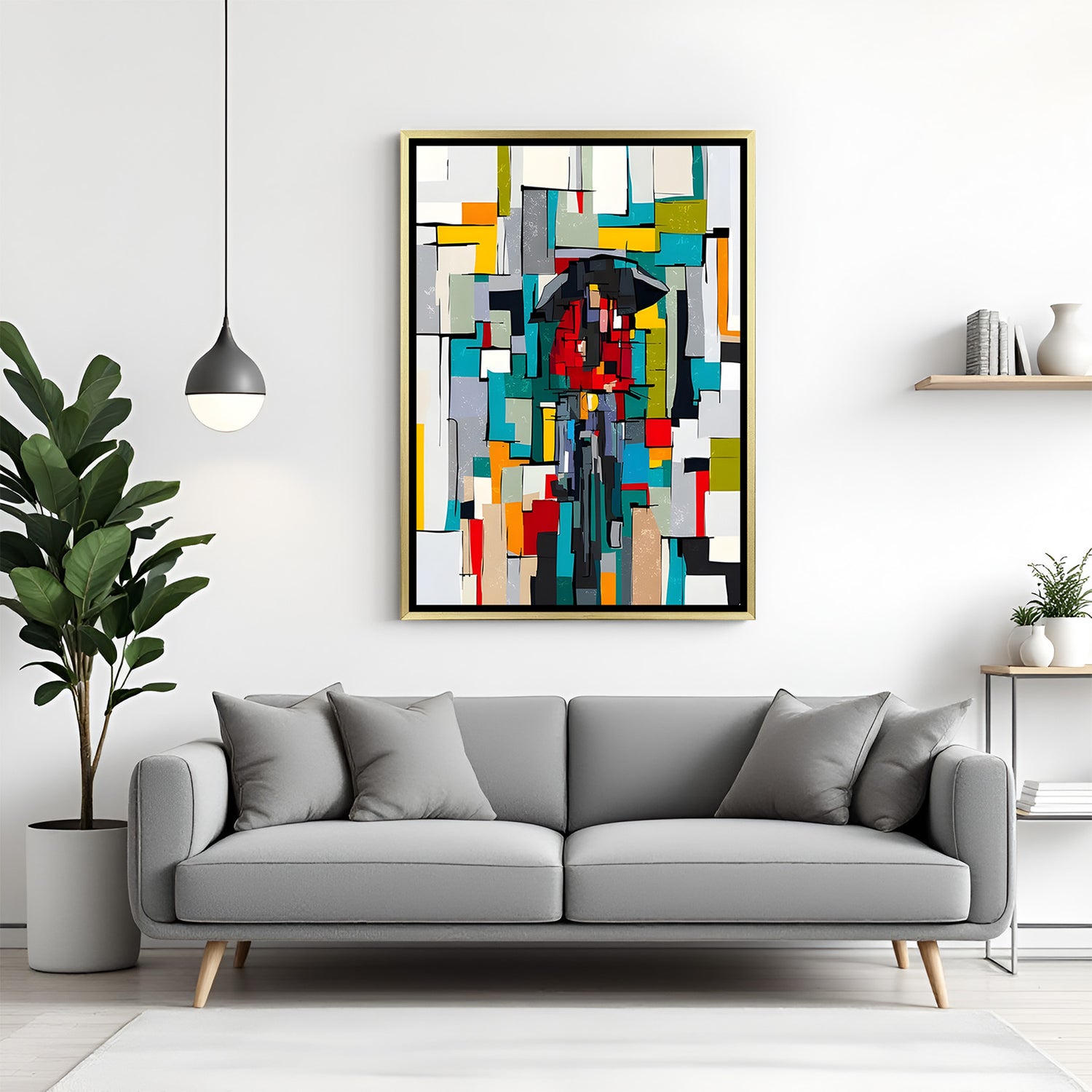 Colorful abstract umbrella canvas art with golden floater frame