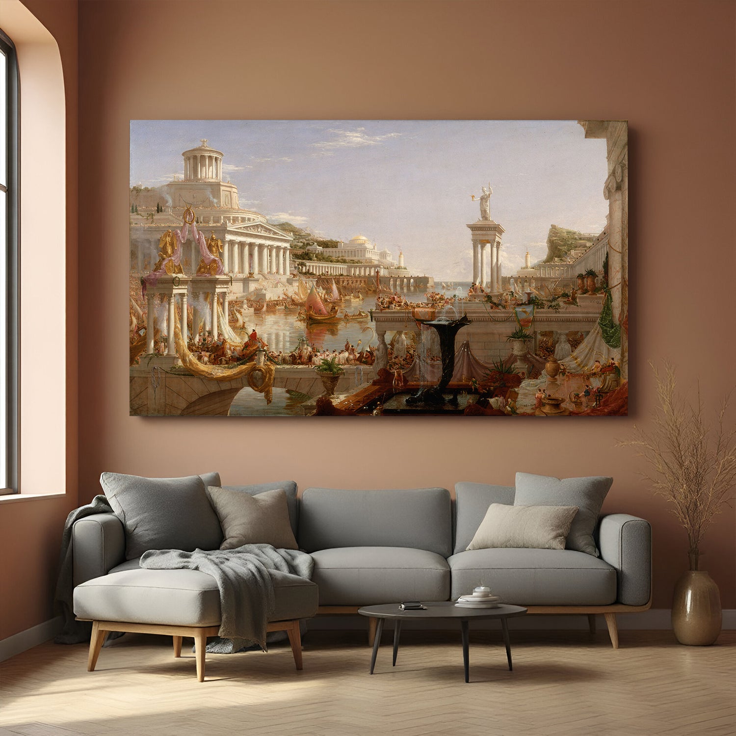 Vintage canvas wall art of The Consummation of the Empire by Thomas Cole—classical celebration scene in aged painting style