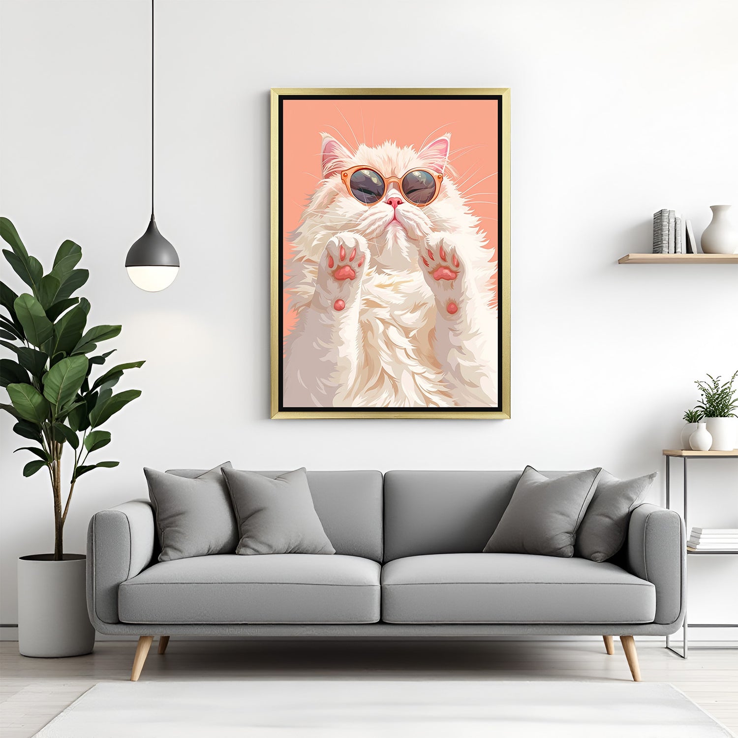 Cute and stylish cat in sunglasses canvas art with golden floater frame, perfect for bold, chic, and creative home decor