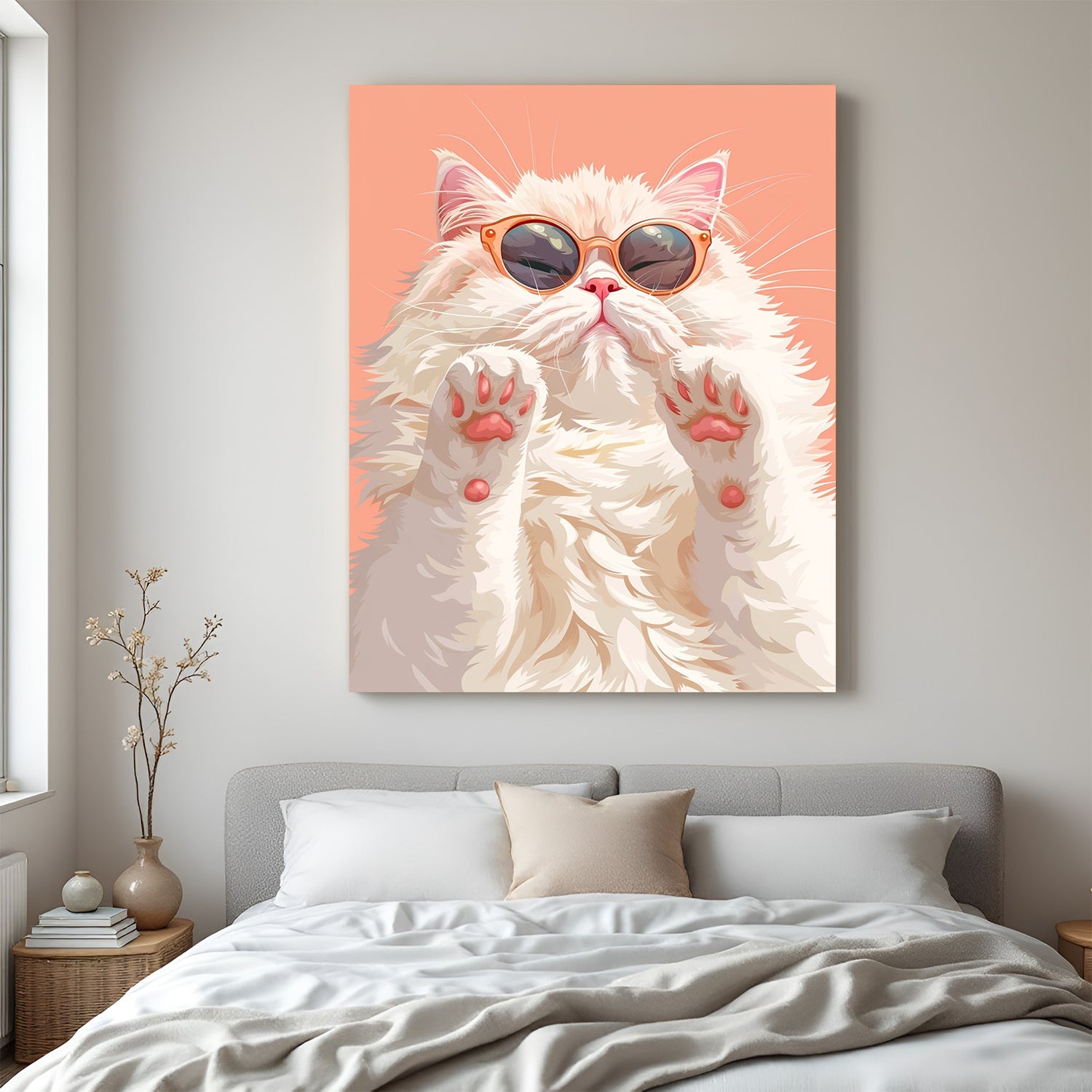 Fluffy cat wearing sunglasses in painted style canvas wall art, perfect for modern, quirky, and stylish home or office decor