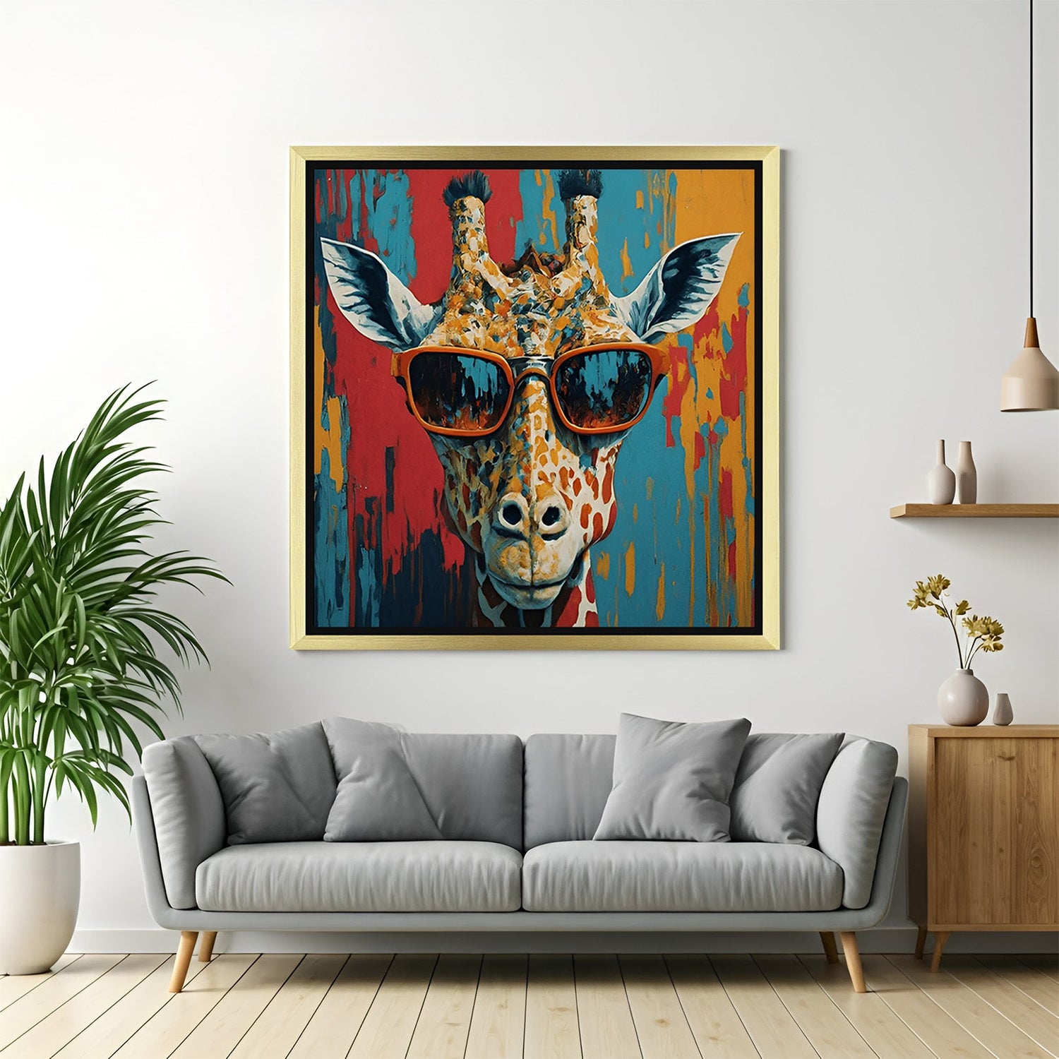 Cool giraffe with sunglasses canvas in golden floater frame, fun animal art for bold home or studio wall interiors