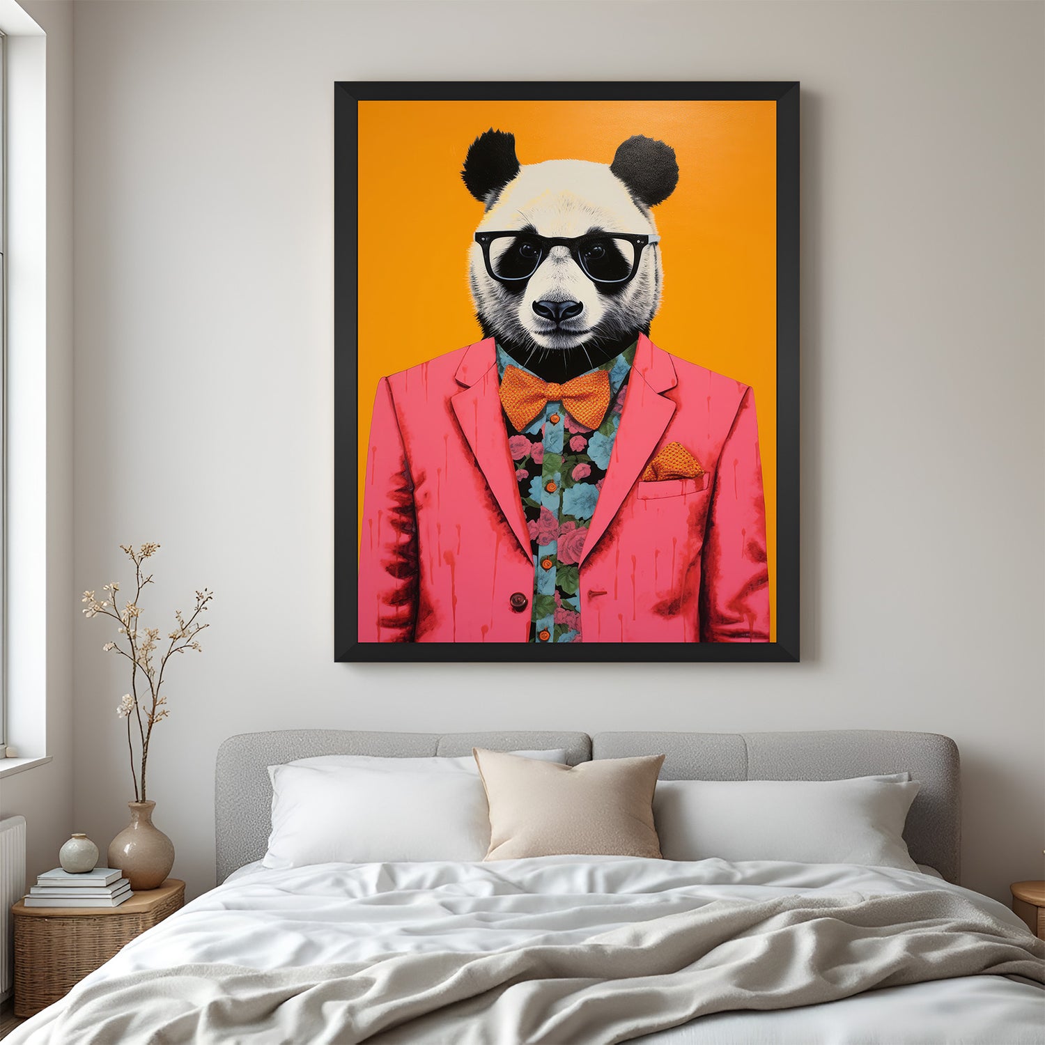 Panda in sunglasses and suit canvas in black floater frame, ideal for playful modern spaces with creative, confident, and youthful energy