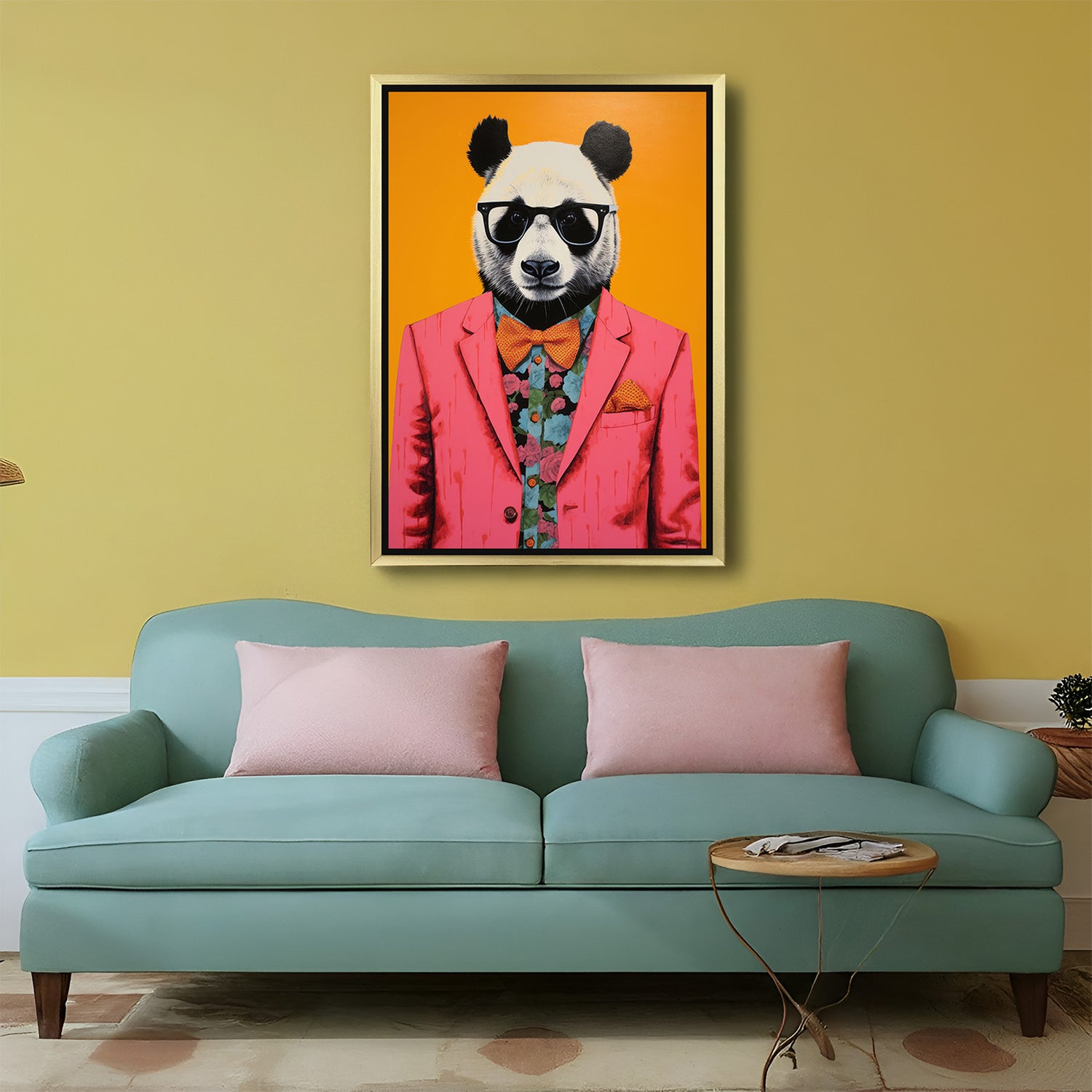 Stylish panda painting with sunglasses in golden frame, dressed like a man for quirky, bold, and personality-rich interior wall art