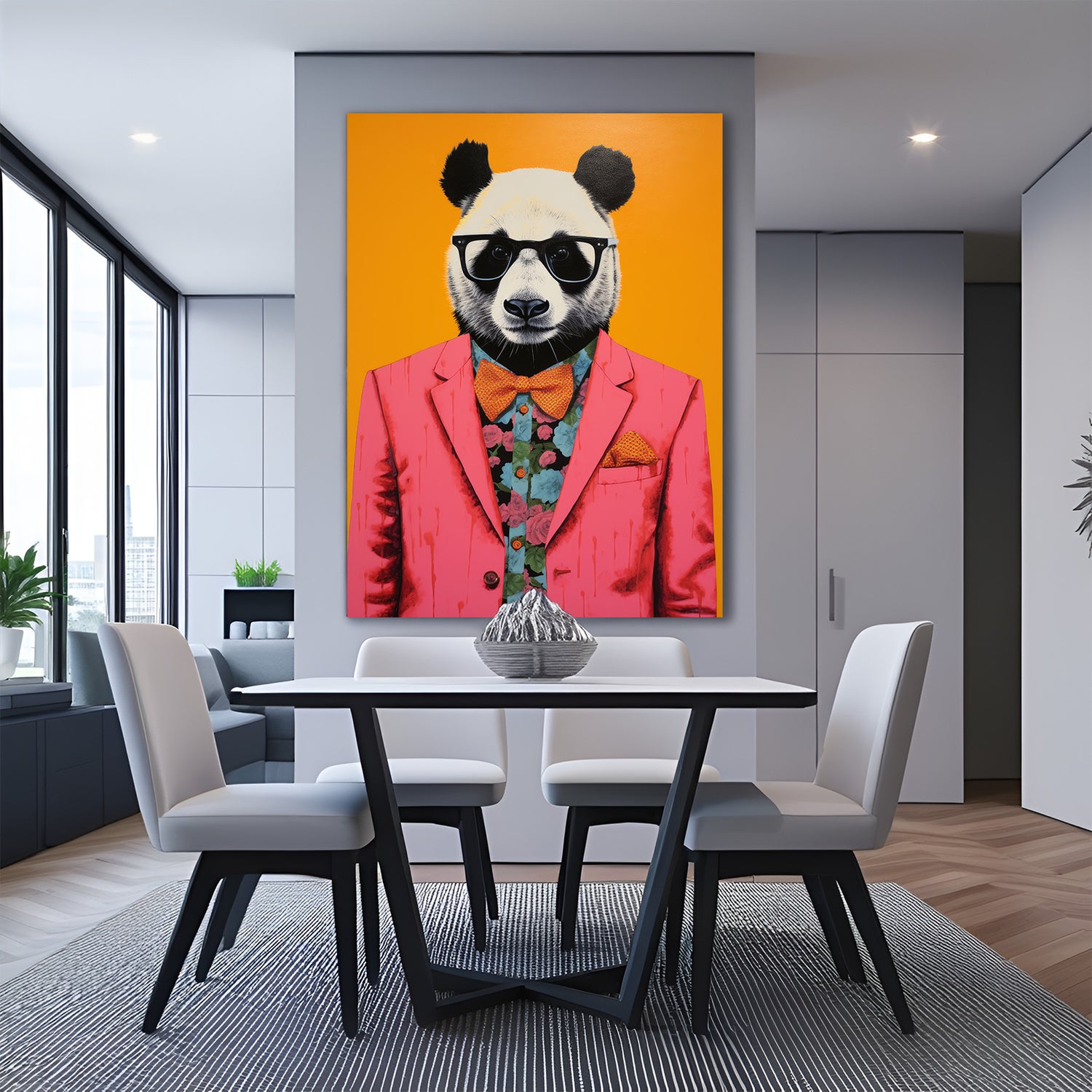 Cool panda canvas painting wearing sunglasses and a stylish man’s suit, perfect for trendy interiors and modern wall decor with a fun personality
