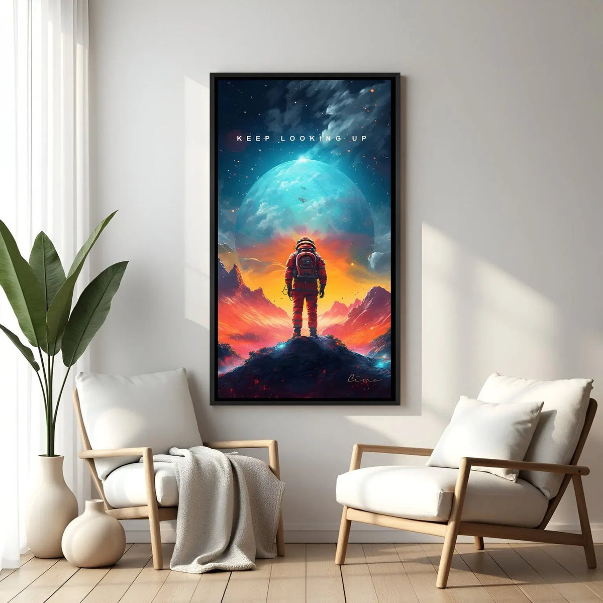Keep Looking Up motivational space wall art in elegant black floater frame featuring inspiring cosmic scenery