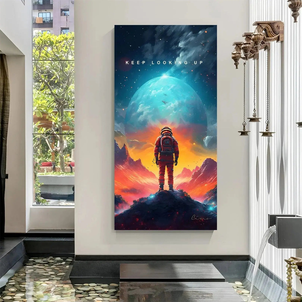 Cosmic Horizons Keep Looking Up space inspiration canvas wall art in premium canvas wrapped frame with celestial galaxy design
