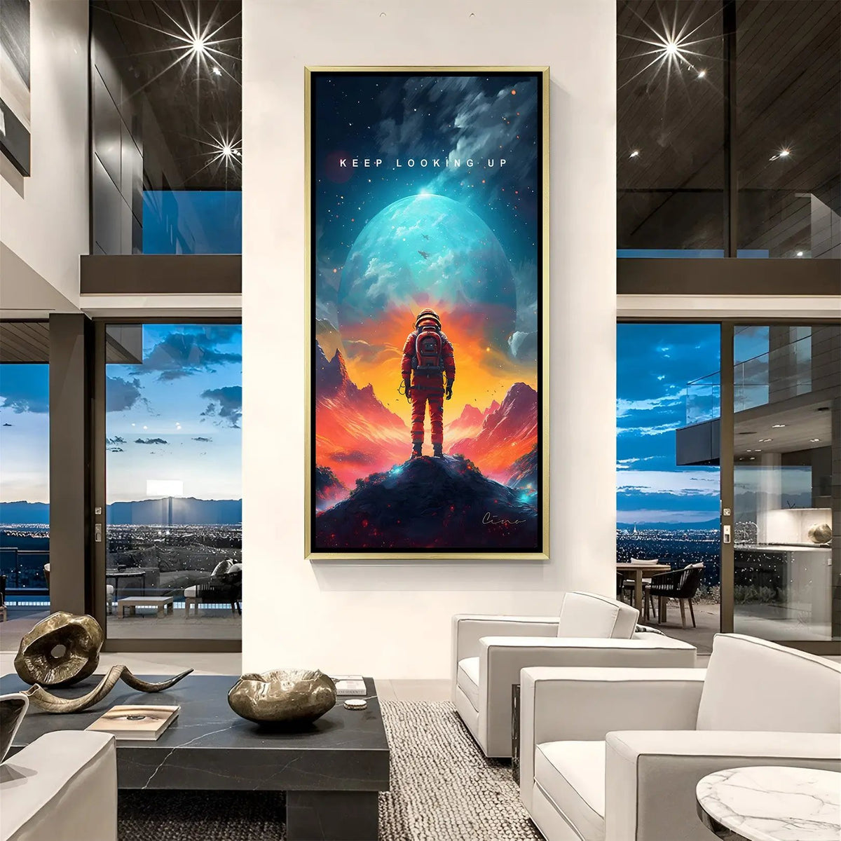 Luxury Keep Looking Up space canvas artwork in golden floater frame with stunning celestial inspiration