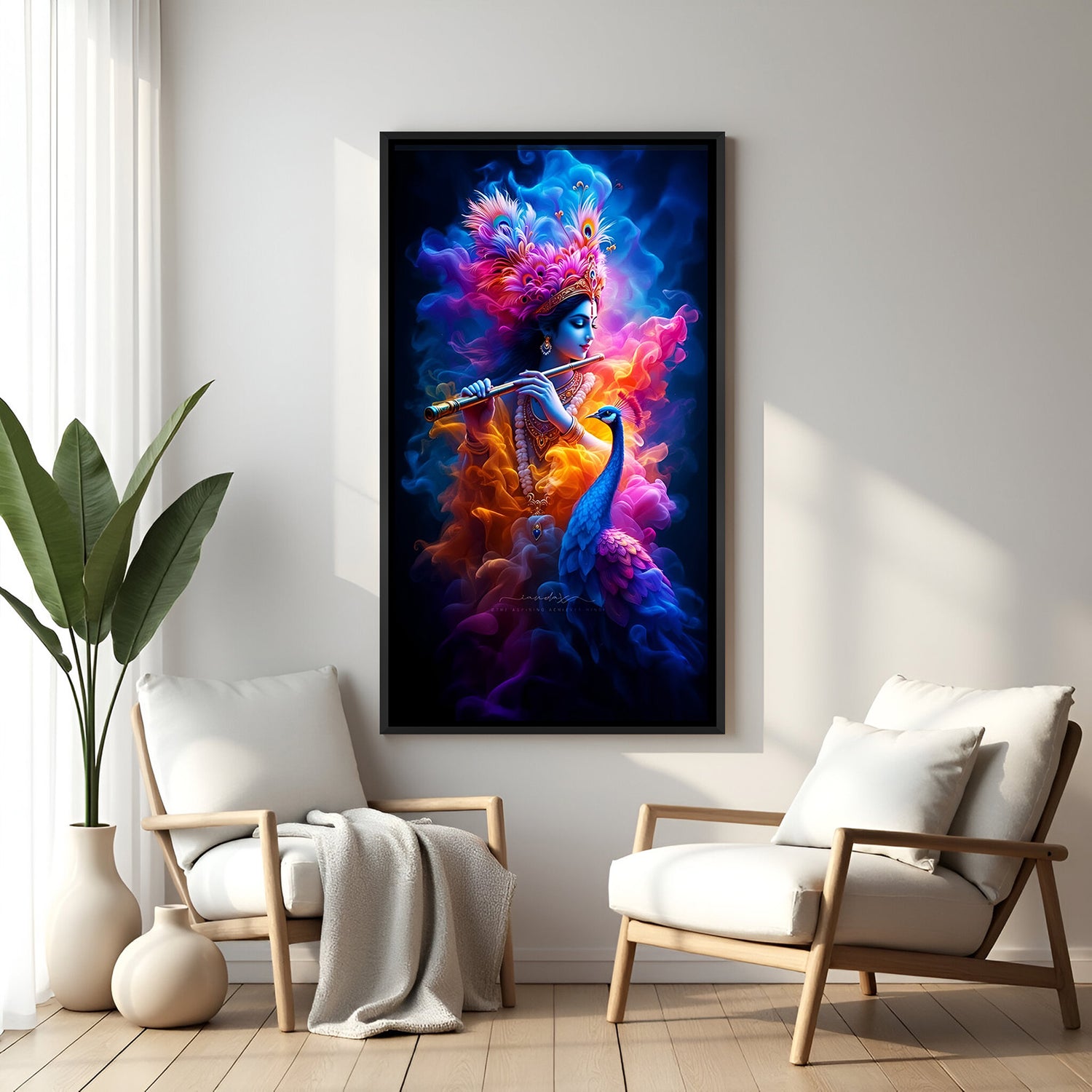 Framed cosmic Krishna flute art - divine energy explosion on black canvas decor