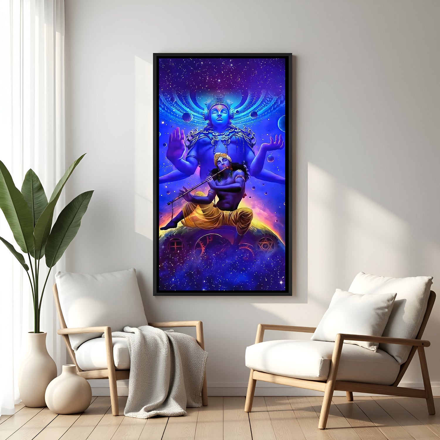 krishna cosmic divine canvas in black floater frame radiating spiritual calm devotion and meditative energy for living room or puja space