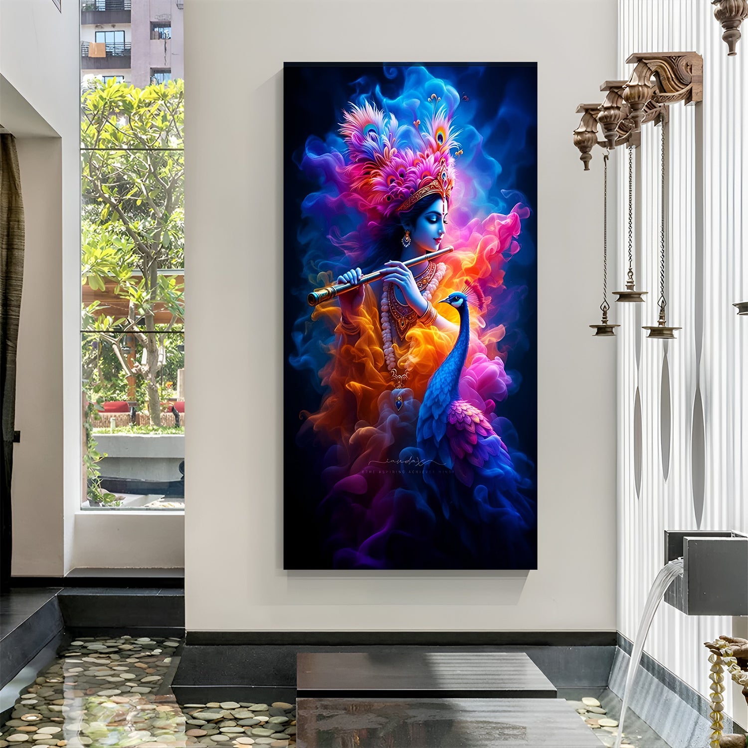 Lord Krishna playing flute with cosmic explosion - black background spiritual canvas art