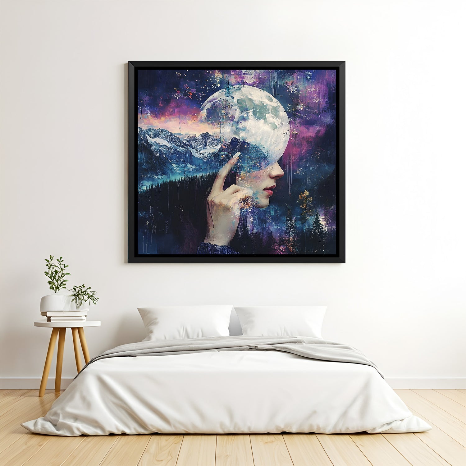 Celestial mountain and full moon portrait artwork displayed in modern black floater frame with deep indigo and violet tones.