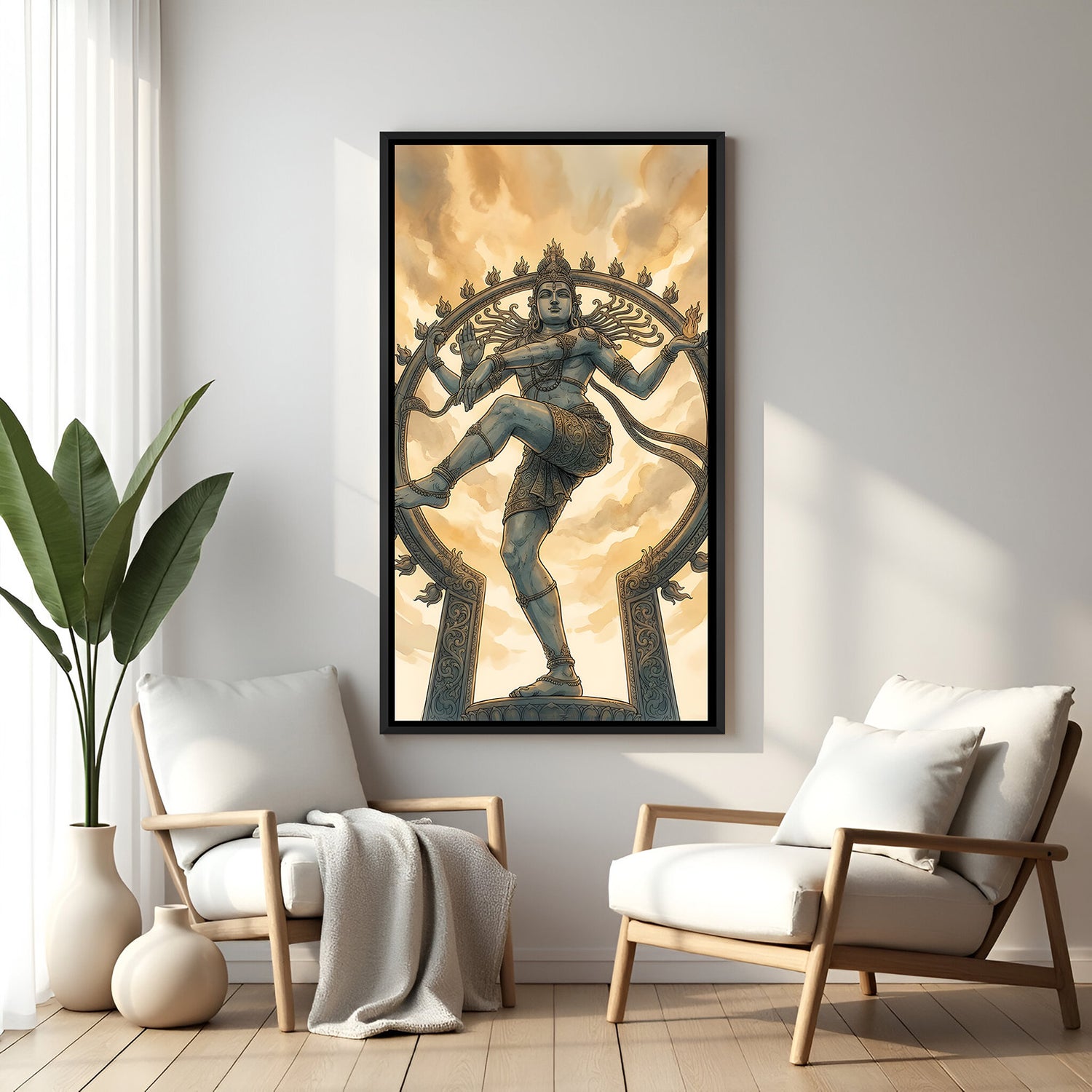 Nataraja wall artwork featuring Lord Shiva's cosmic dance in elegant black floater frame