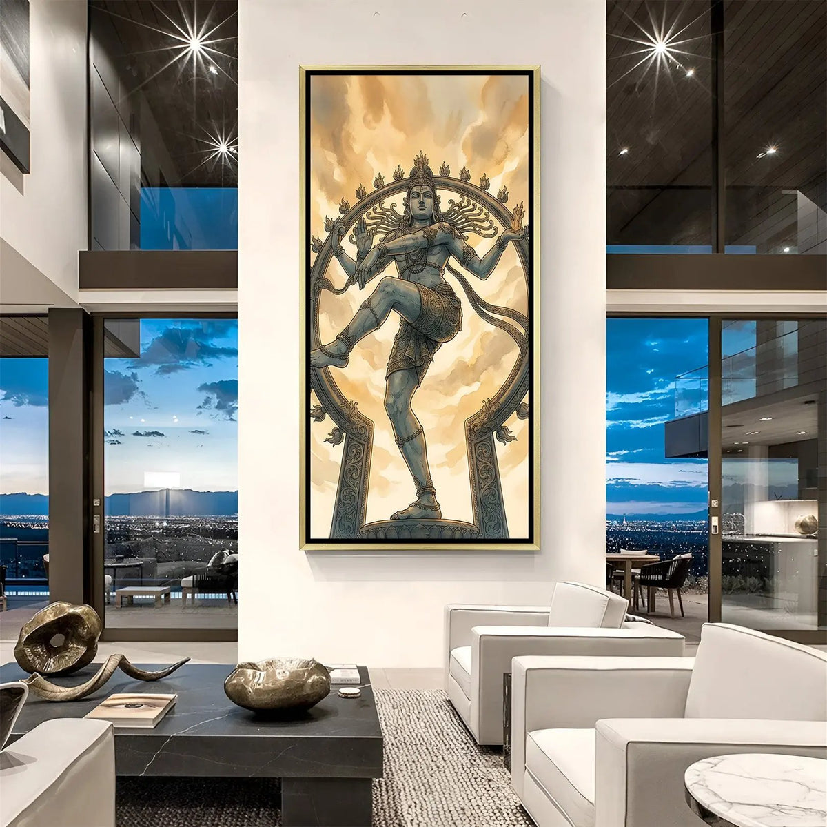 Cosmic Rhythm Nataraja artwork in luxury golden floater frame featuring divine dancing Shiva