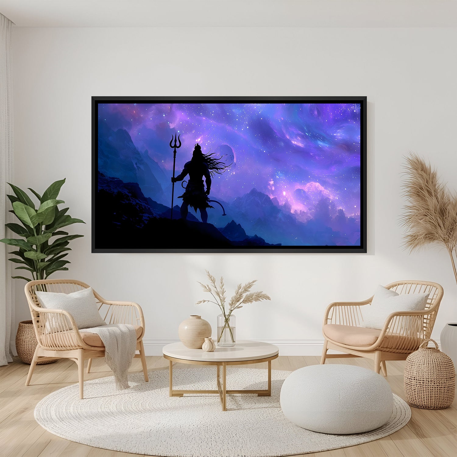 Galaxy silhouette deity artwork with sacred trident in elegant black floater frame featuring purple cosmic tones