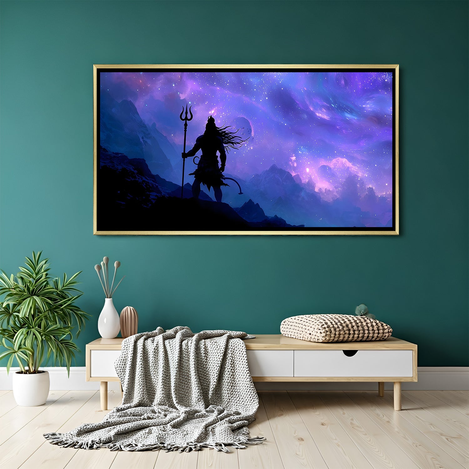 Purple galaxy Mahadev silhouette canvas painting with trident in luxurious golden floater frame