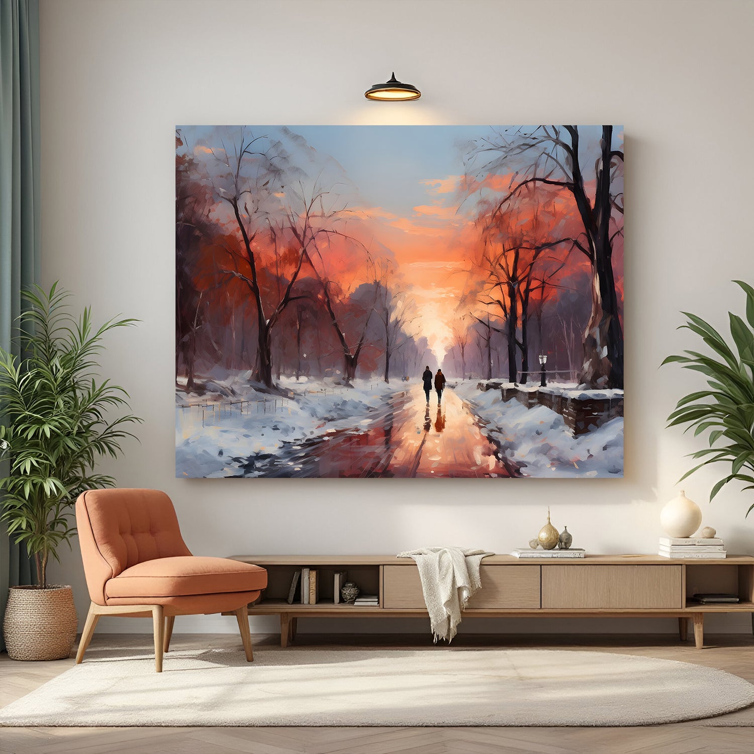 Vintage canvas art of a couple walking in soft winter sunrise—ancient-style wall art for romantic and seasonal home decor
