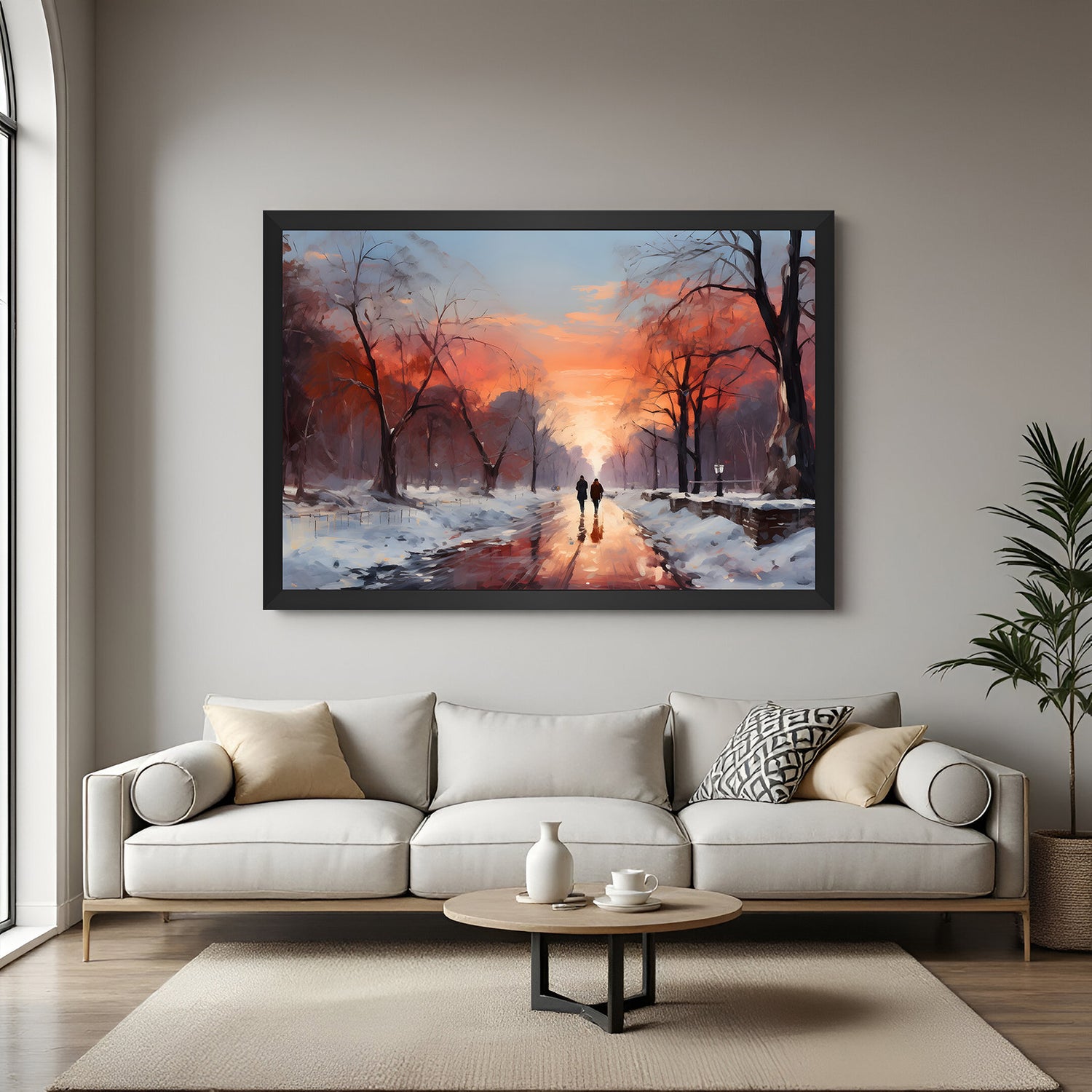 Hand painted couple walking in winter sunset canvas wall art in black floater frame – romantic painting