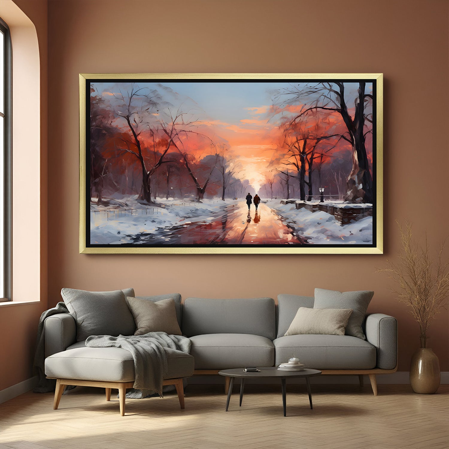 Hand painted couple walking in winter sunset canvas wall art in golden floater frame – handmade romantic wall art