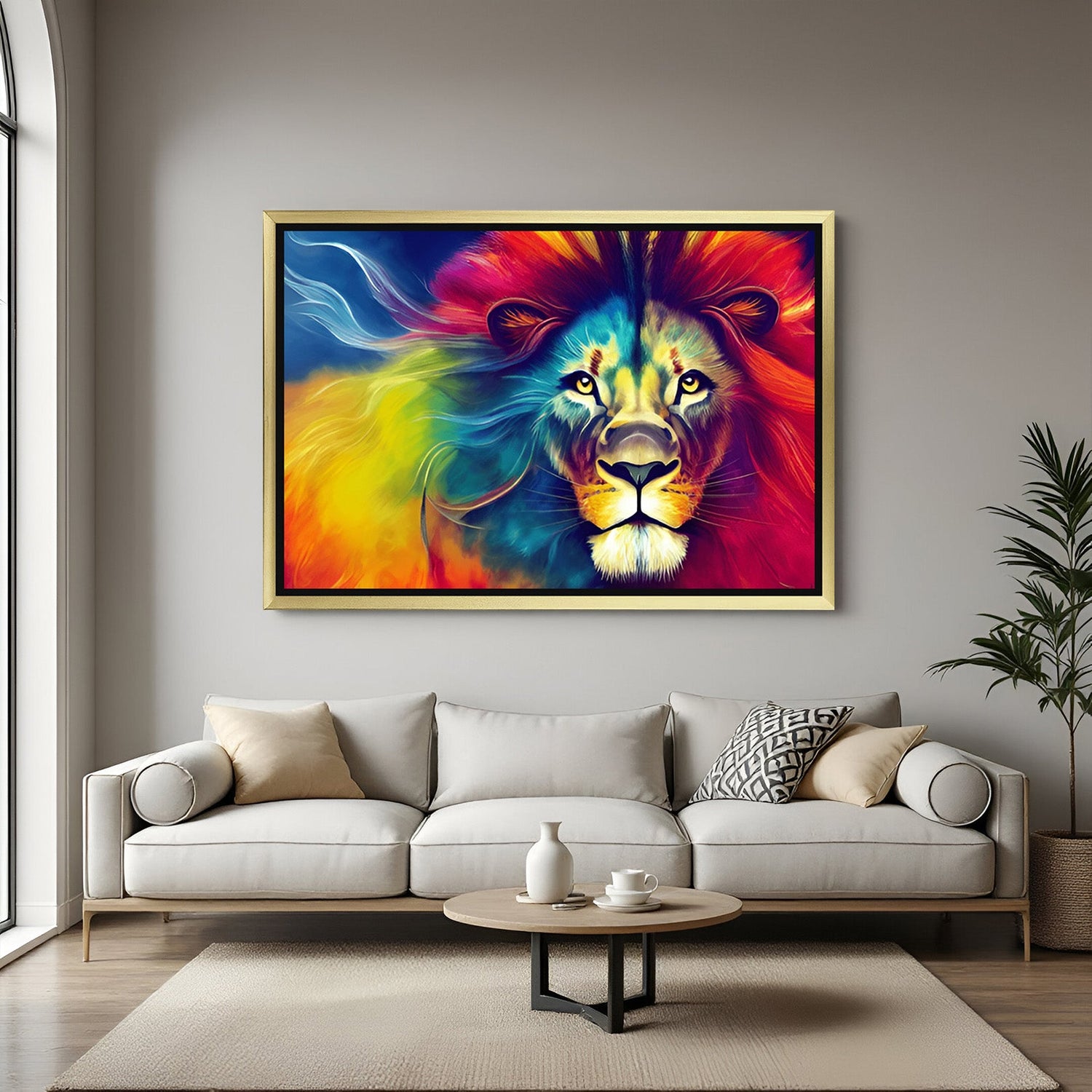 Golden framed colorful lion wall art, ideal for statement decor with bold personality and royal presence