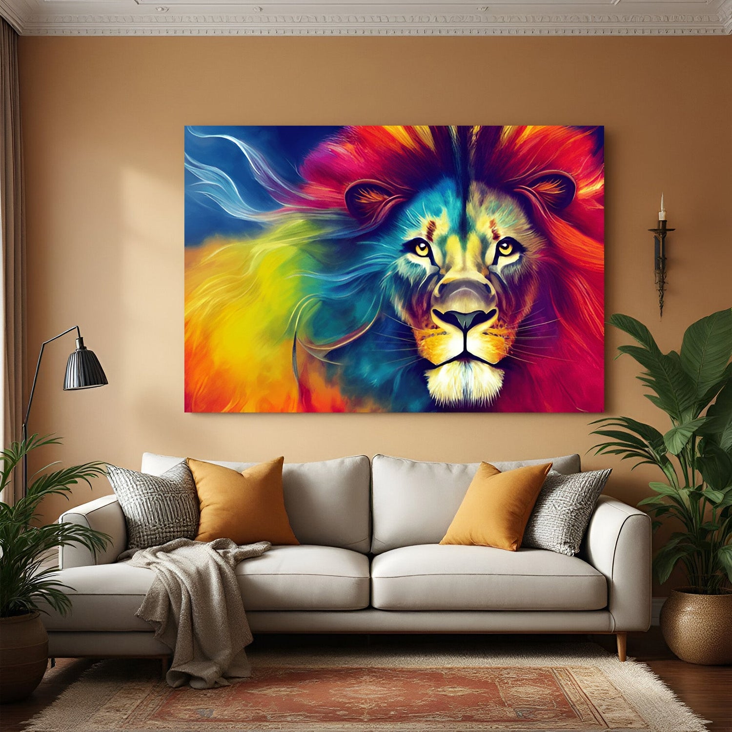 Colorful lion face canvas art symbolizing courage and creativity, perfect for bold and stylish interior walls
