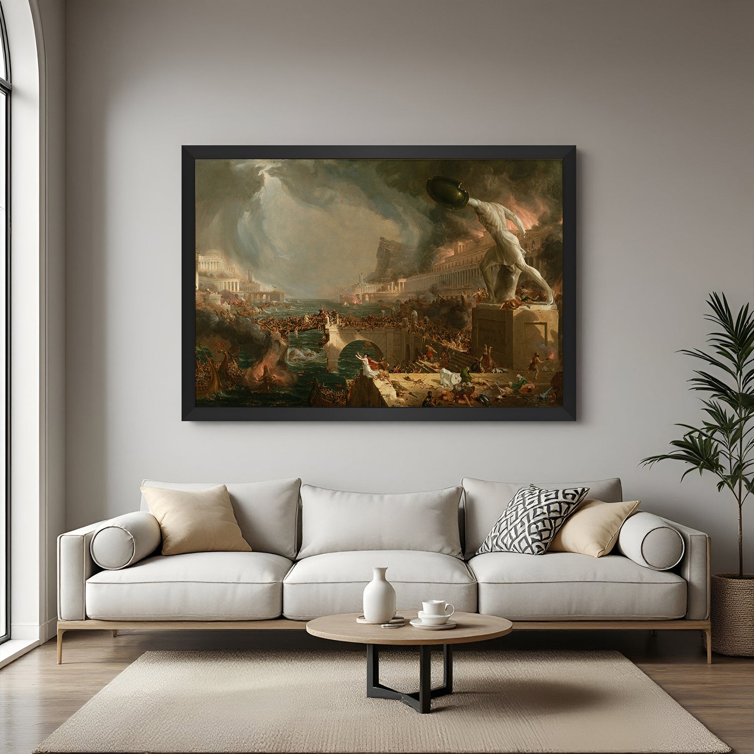 Black-framed vintage wall art showing destruction phase of empire—historical painting for dramatic interiors